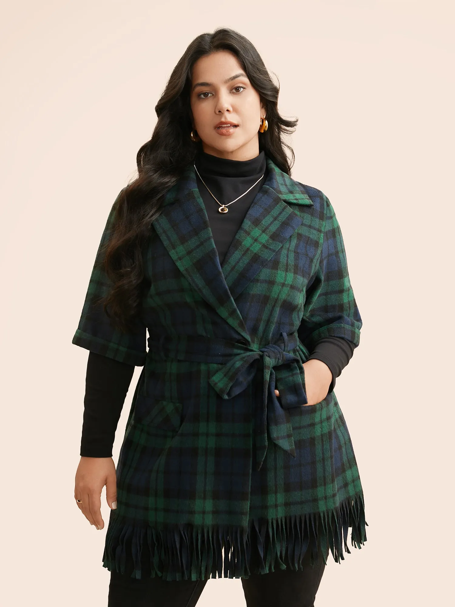 Plaid Tassel Trim Pocket Belted Jacket sold by Bloomchic
