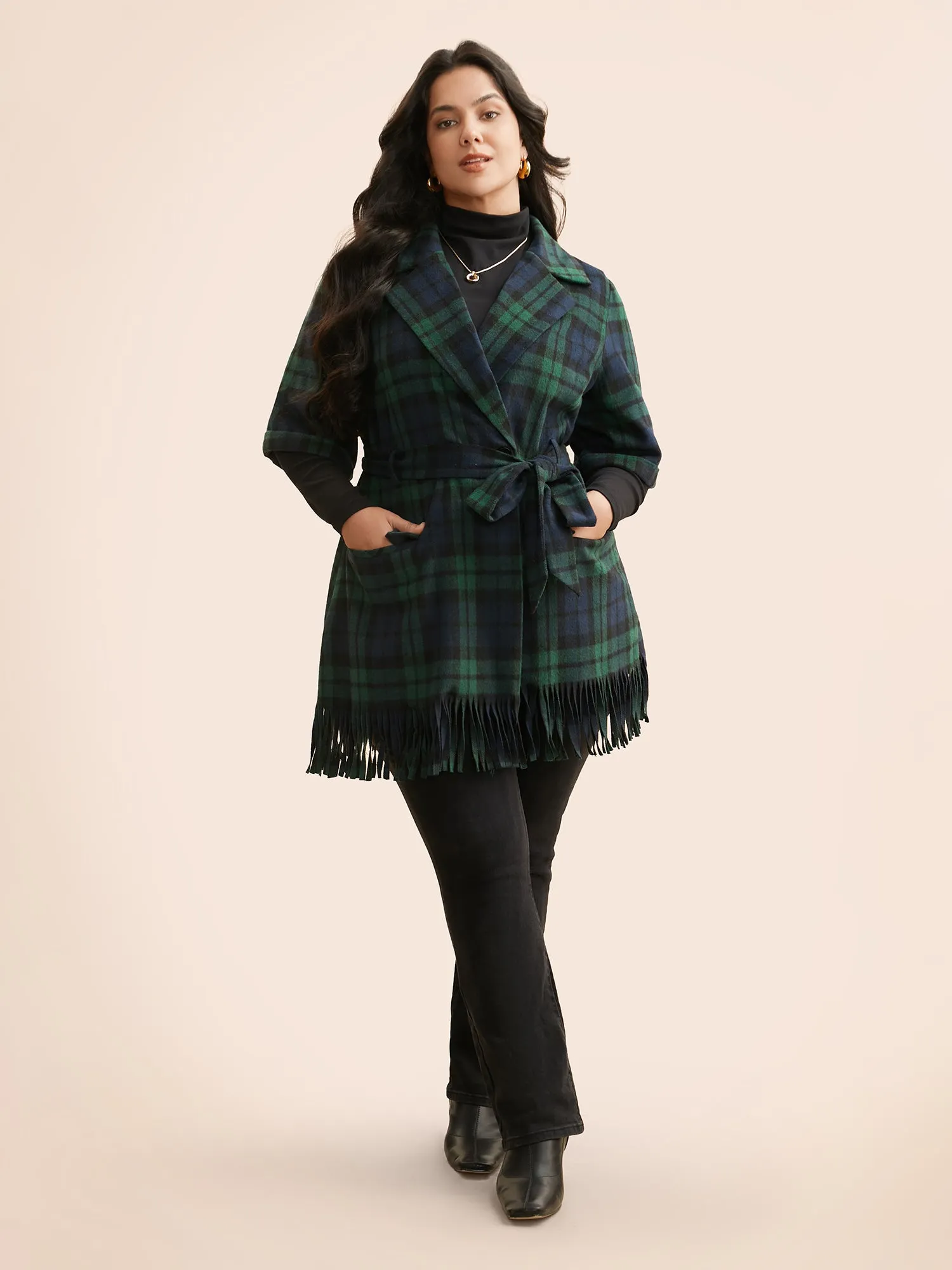 Plaid Tassel Trim Pocket Belted Jacket sold by Bloomchic product image thumbnail 2