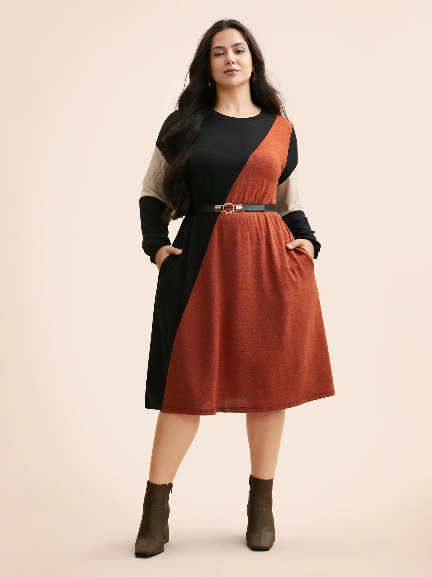 Contrast Patchwork Lantern Sleeve Dress sold by Bloomchic