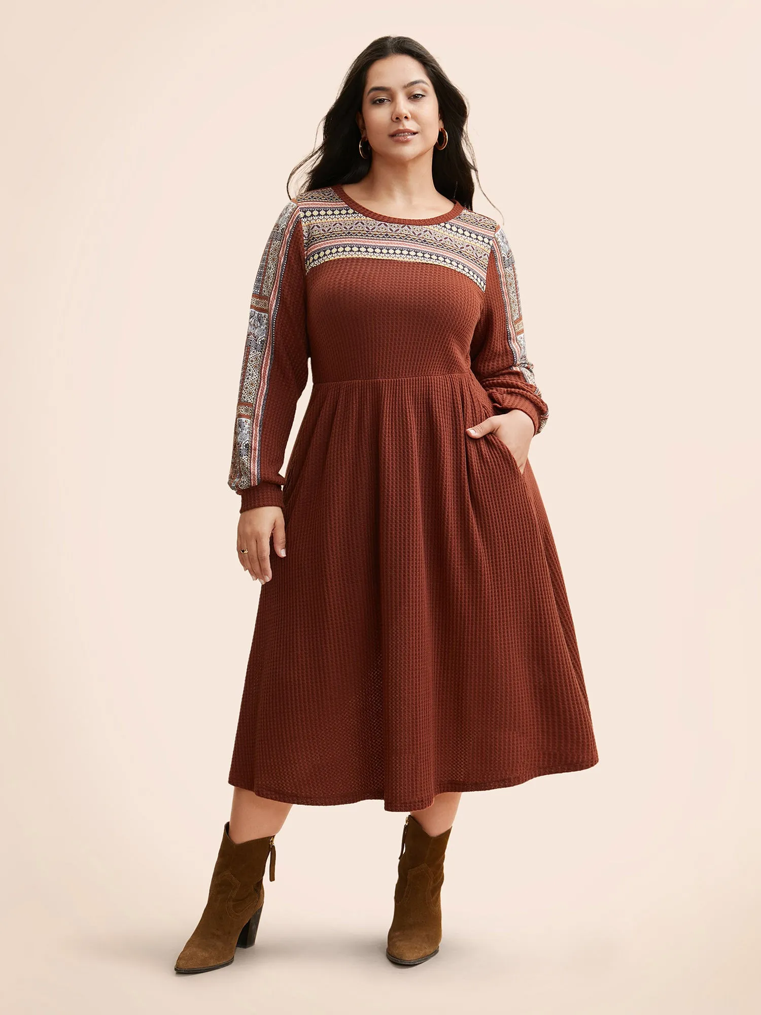 Bandana Patchwork Waffle Knit Midi Dress sold by Bloomchic product image thumbnail 3