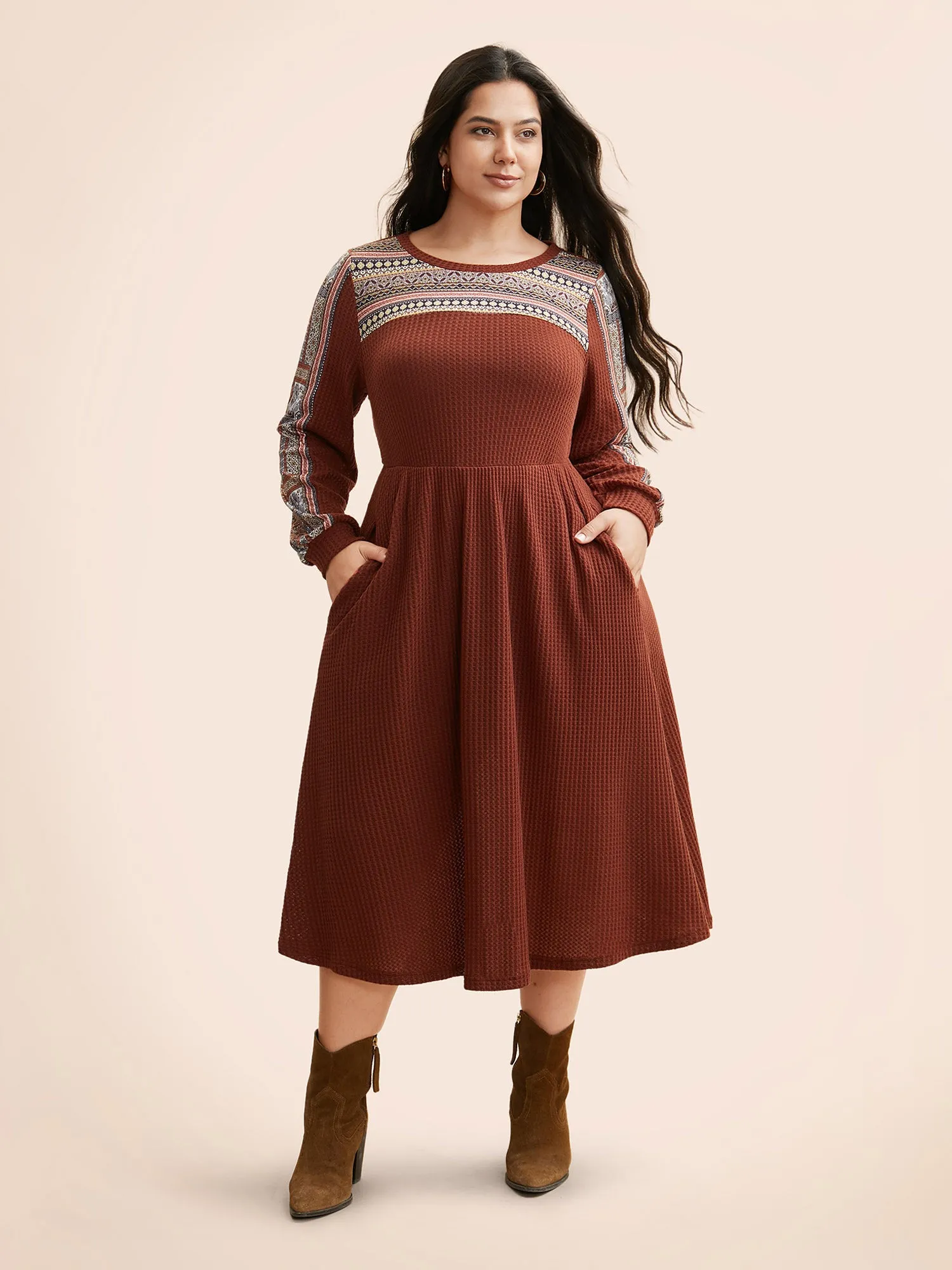 Bandana Patchwork Waffle Knit Midi Dress sold by Bloomchic
