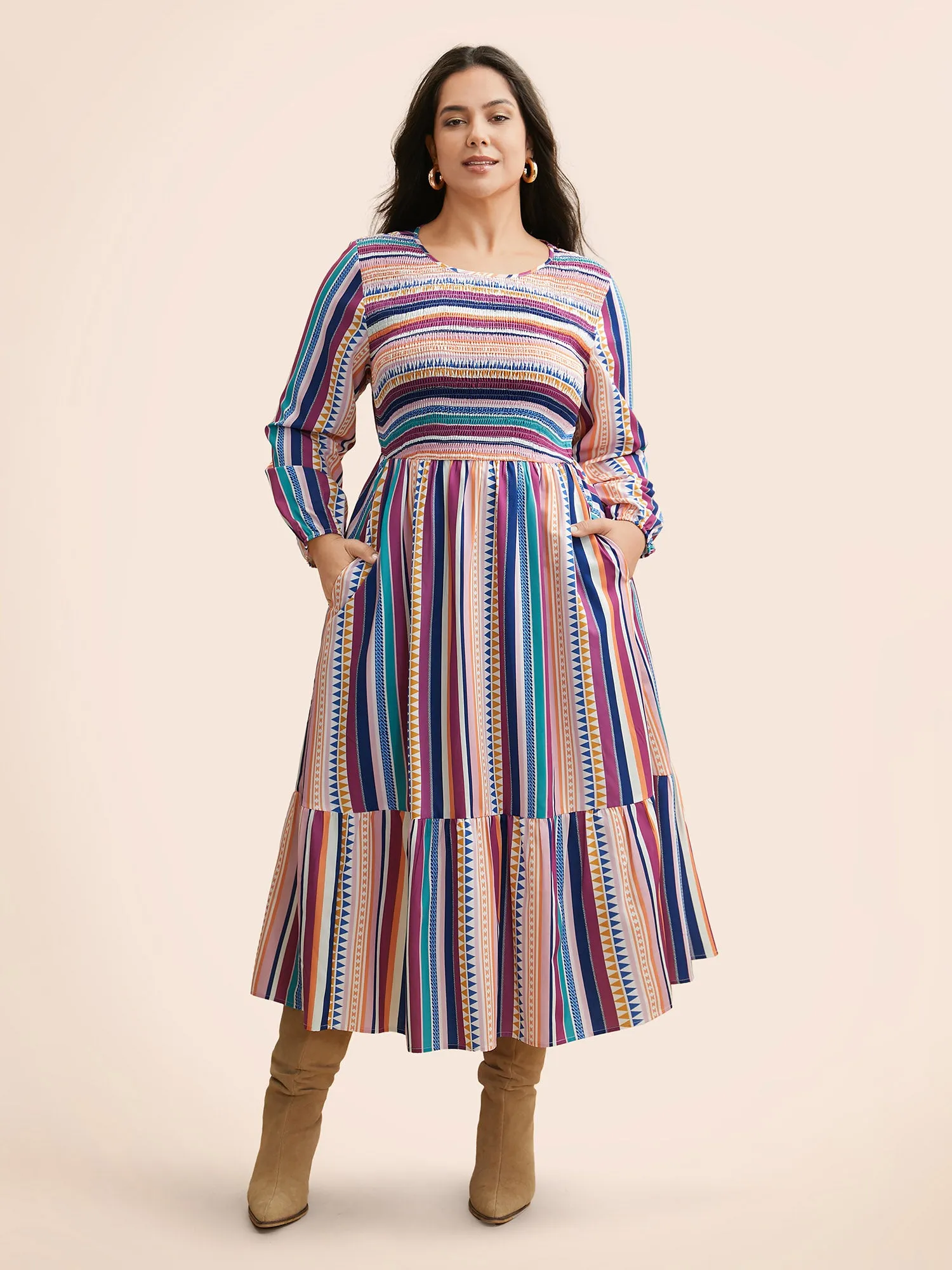 Contrast Striped Shirred Ruffle Hem Dress sold by Bloomchic product image thumbnail 3