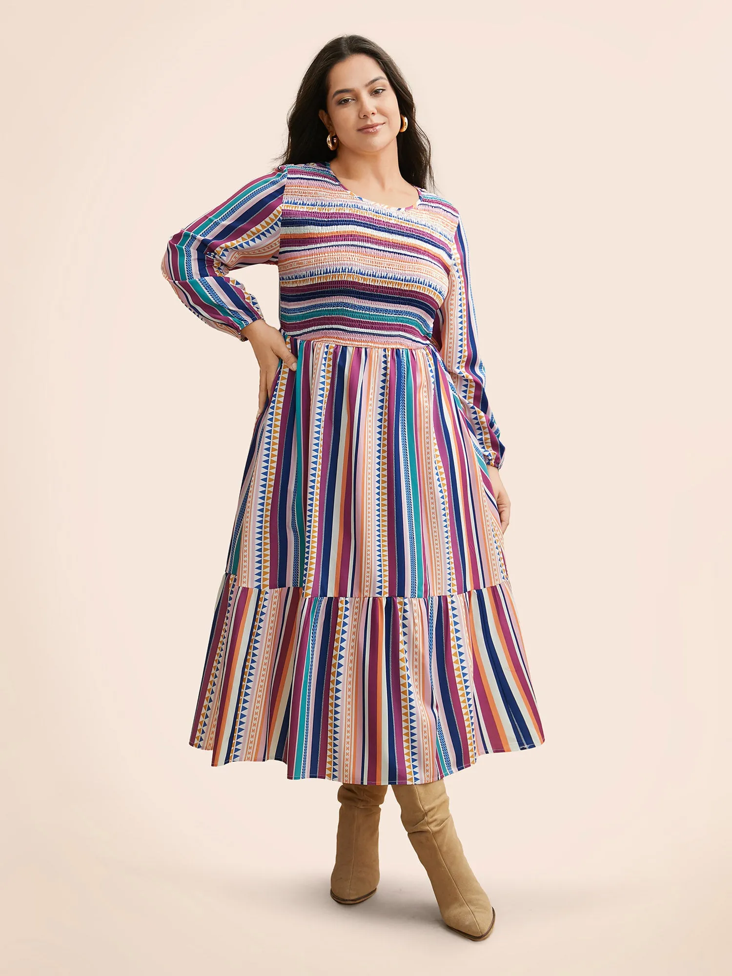 Contrast Striped Shirred Ruffle Hem Dress sold by Bloomchic