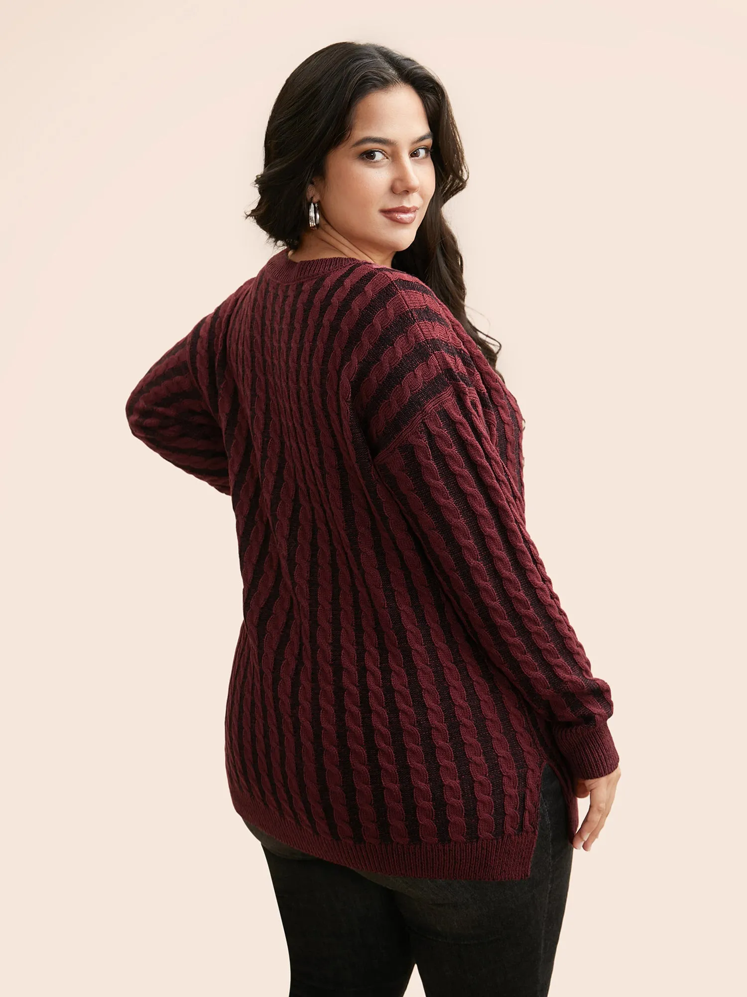 Crew Neck Cable Knit Split Hem Pullover sold by Bloomchic product image thumbnail 2
