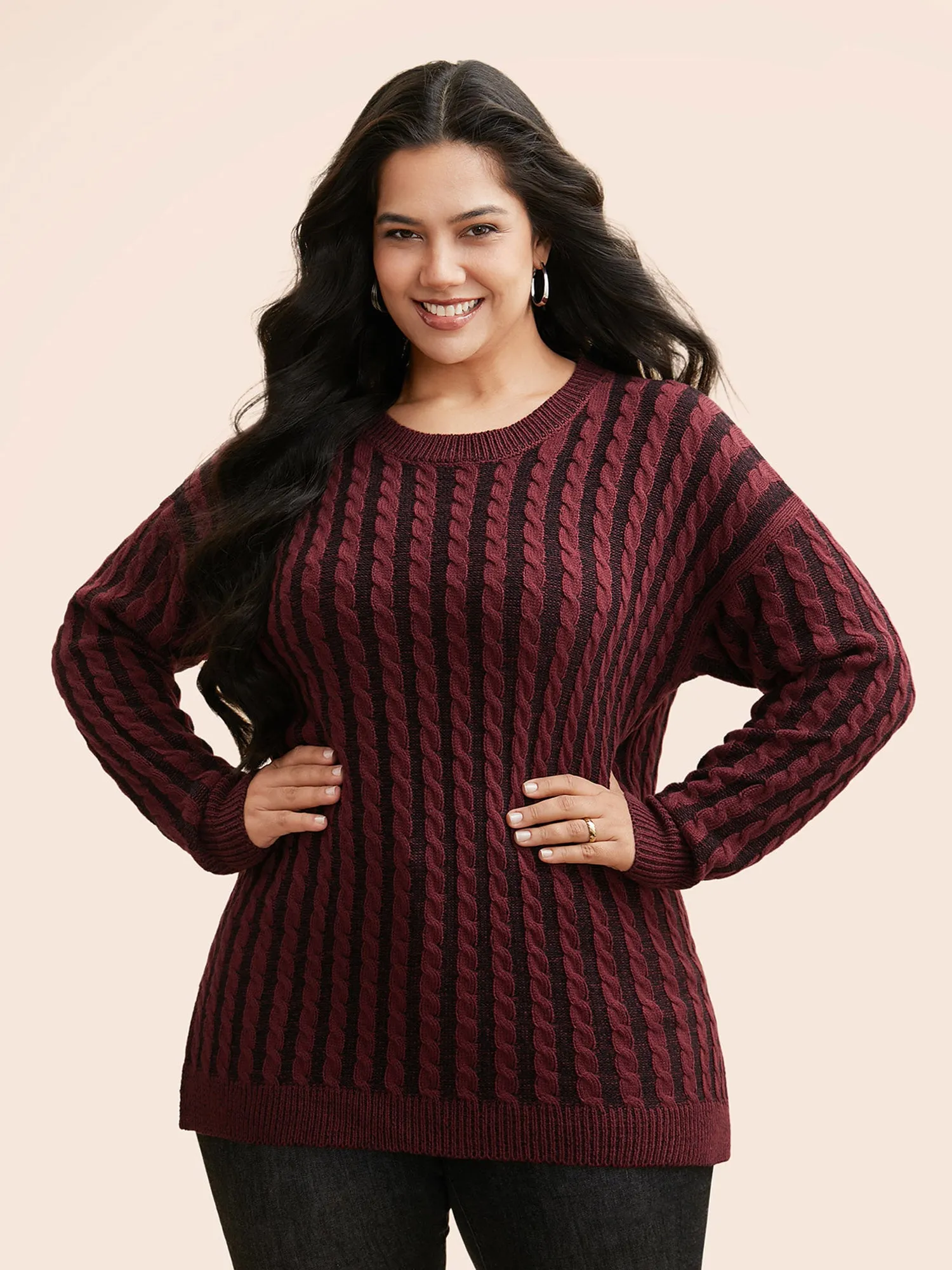 Crew Neck Cable Knit Split Hem Pullover sold by Bloomchic product image thumbnail 3