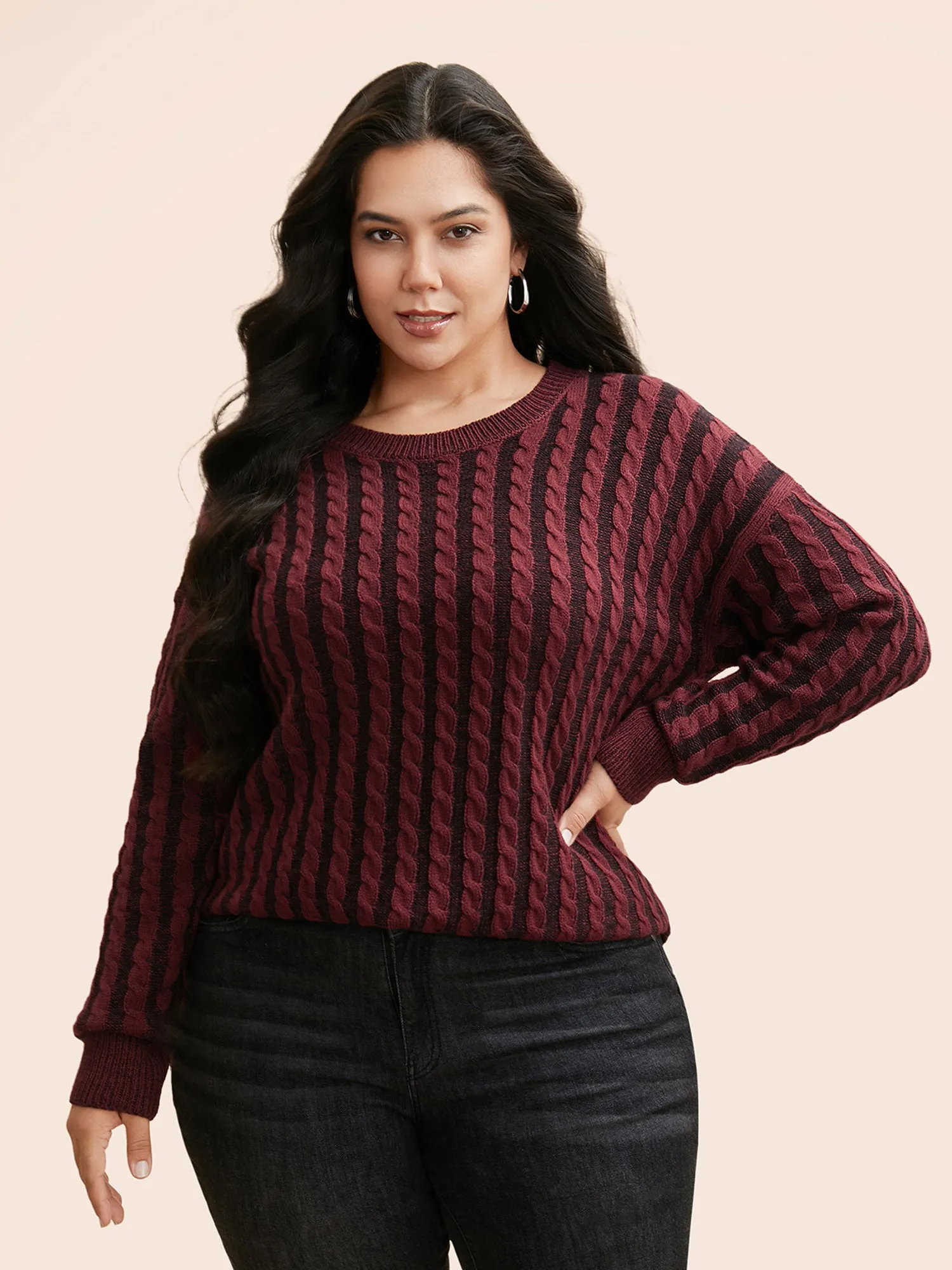 Crew Neck Cable Knit Split Hem Pullover sold by Bloomchic
