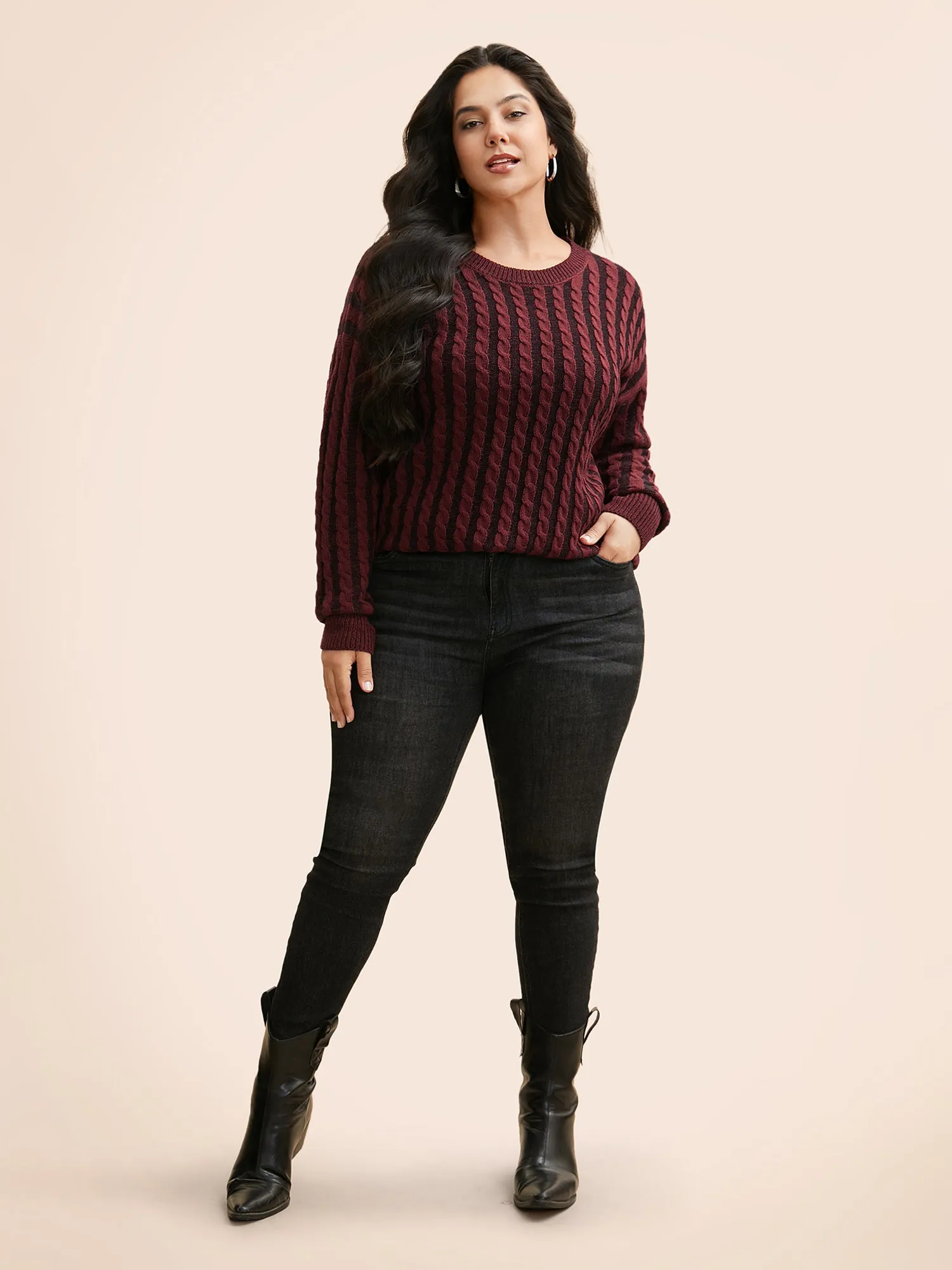 Crew Neck Cable Knit Split Hem Pullover sold by Bloomchic product image thumbnail 4