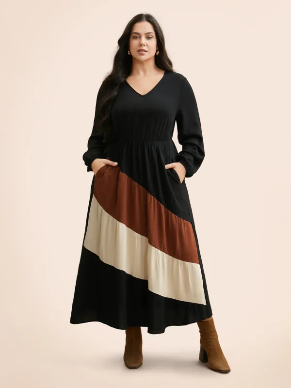Colorblock Contrast Gathered Lantern Sleeve Dress sold by Bloomchic
