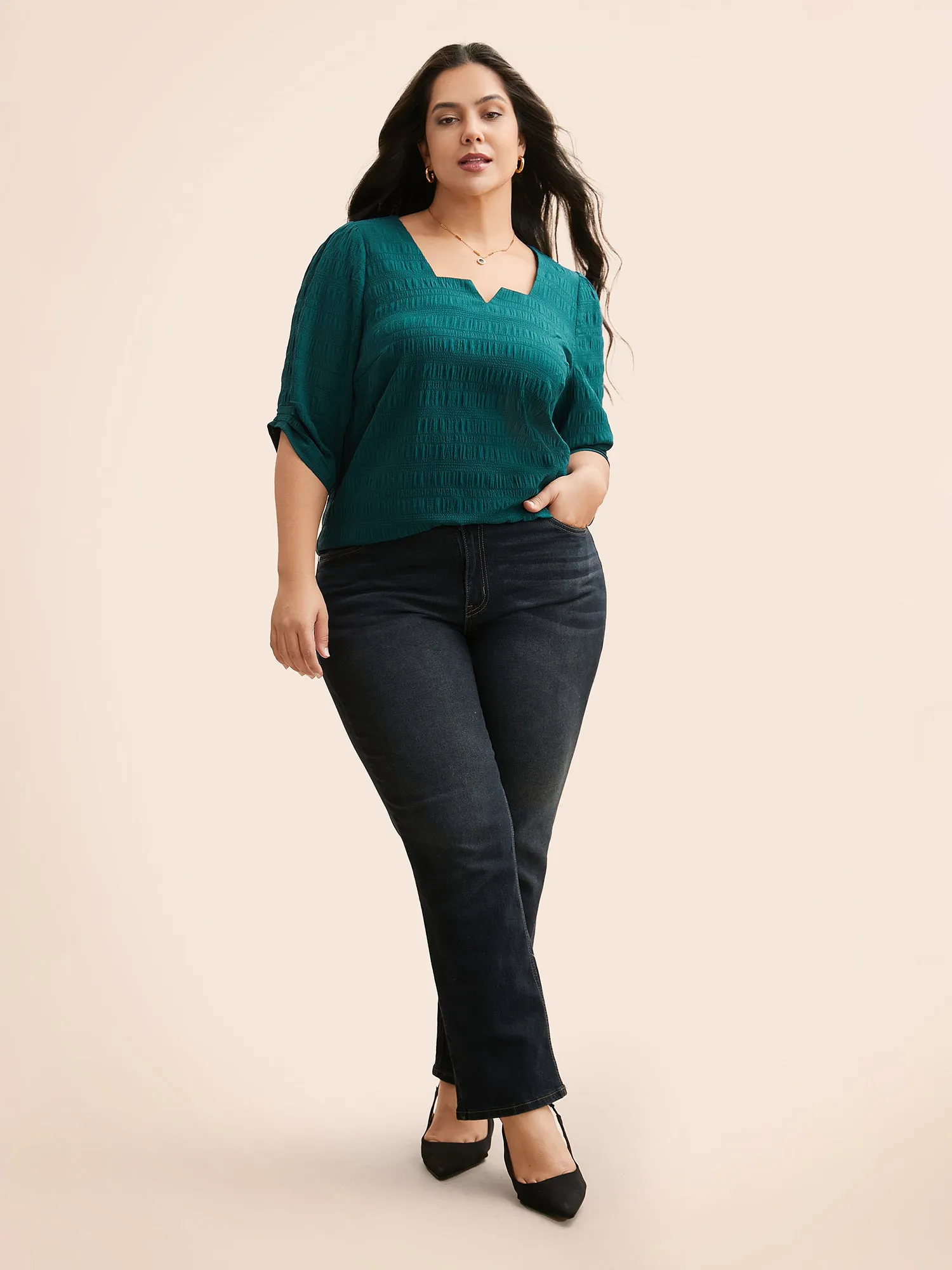 Solid Textured Notched Pleated Blouse sold by Bloomchic product image thumbnail 2