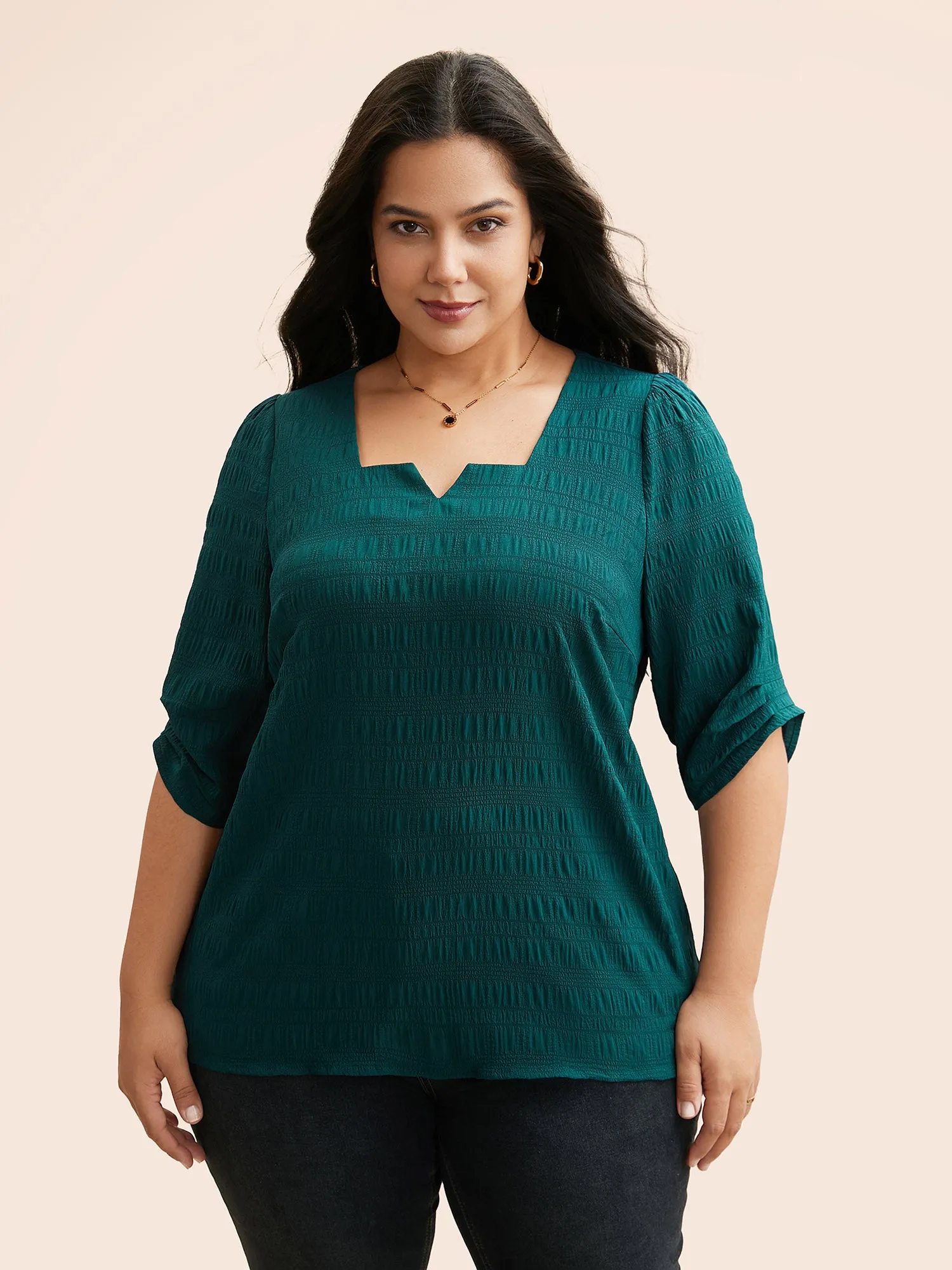 Solid Textured Notched Pleated Blouse sold by Bloomchic product image thumbnail 3