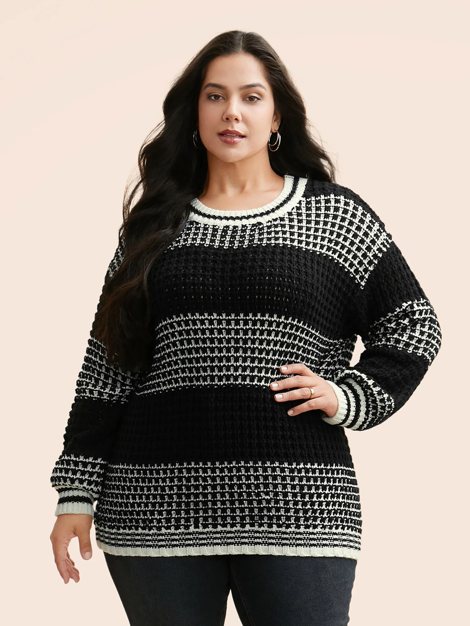 Contrast Textured Drop Shoulder Sleeve Pullover sold by Bloomchic