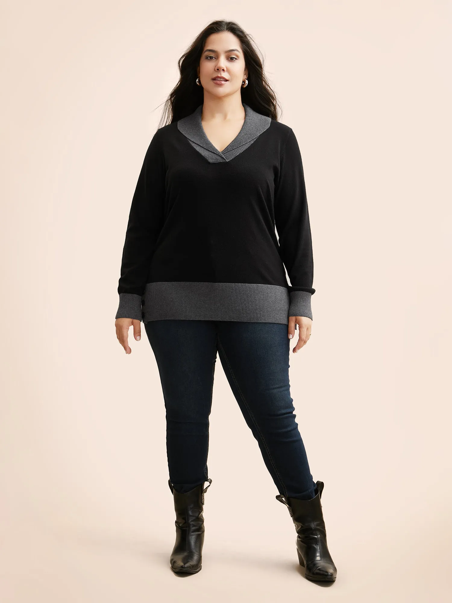 Contrast Overlap Collar Button Detail Pullover sold by Bloomchic product image thumbnail 3