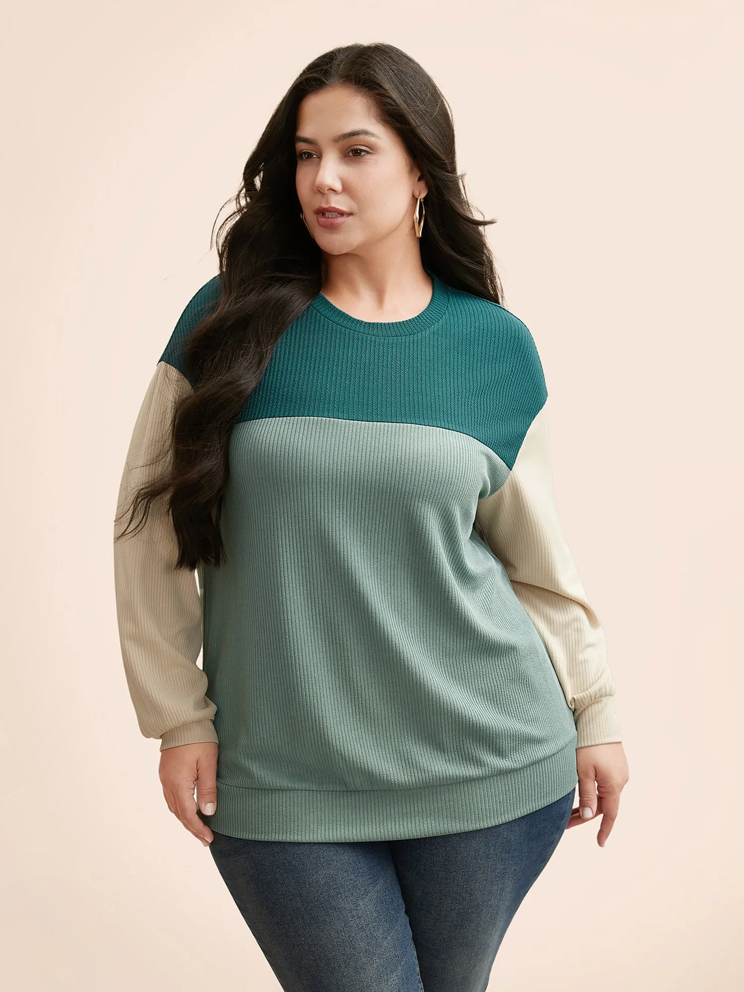 Contrast Texture Patchwork Drop Shoulder Sweatshirt sold by Bloomchic product image thumbnail 3