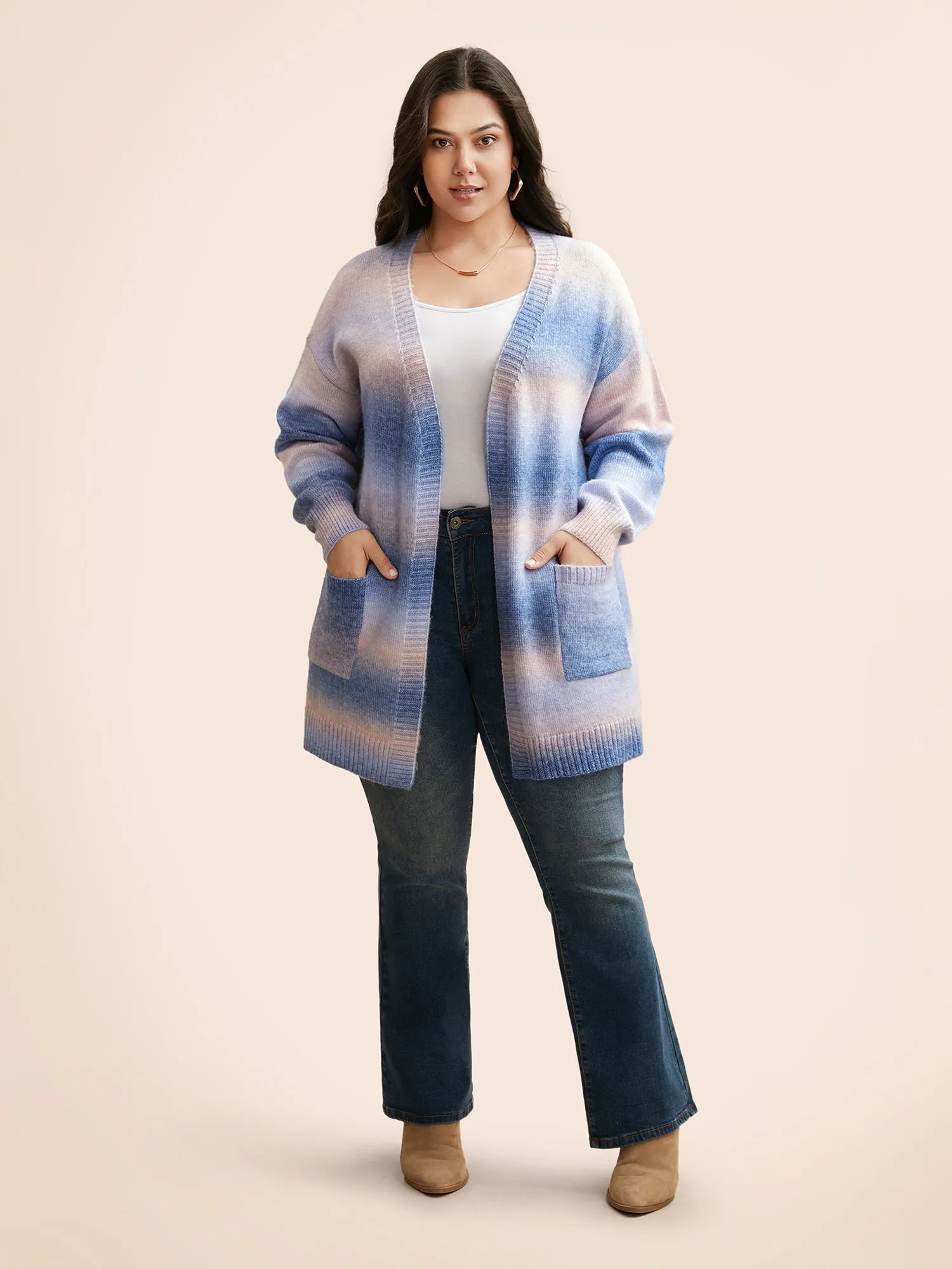 Ombre Kimono Collar Patched Pocket Cardigan sold by Bloomchic product image thumbnail 3