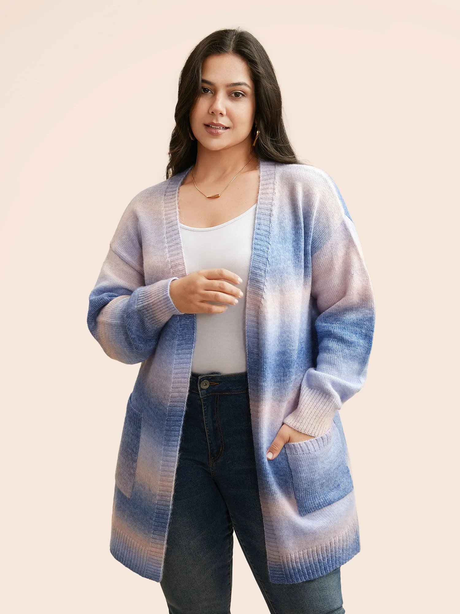 Ombre Kimono Collar Patched Pocket Cardigan sold by Bloomchic