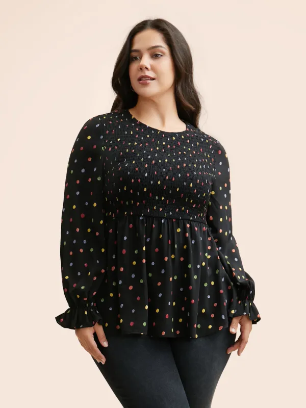 Color Polka Dot Shirred Lantern Sleeve Blouse sold by Bloomchic