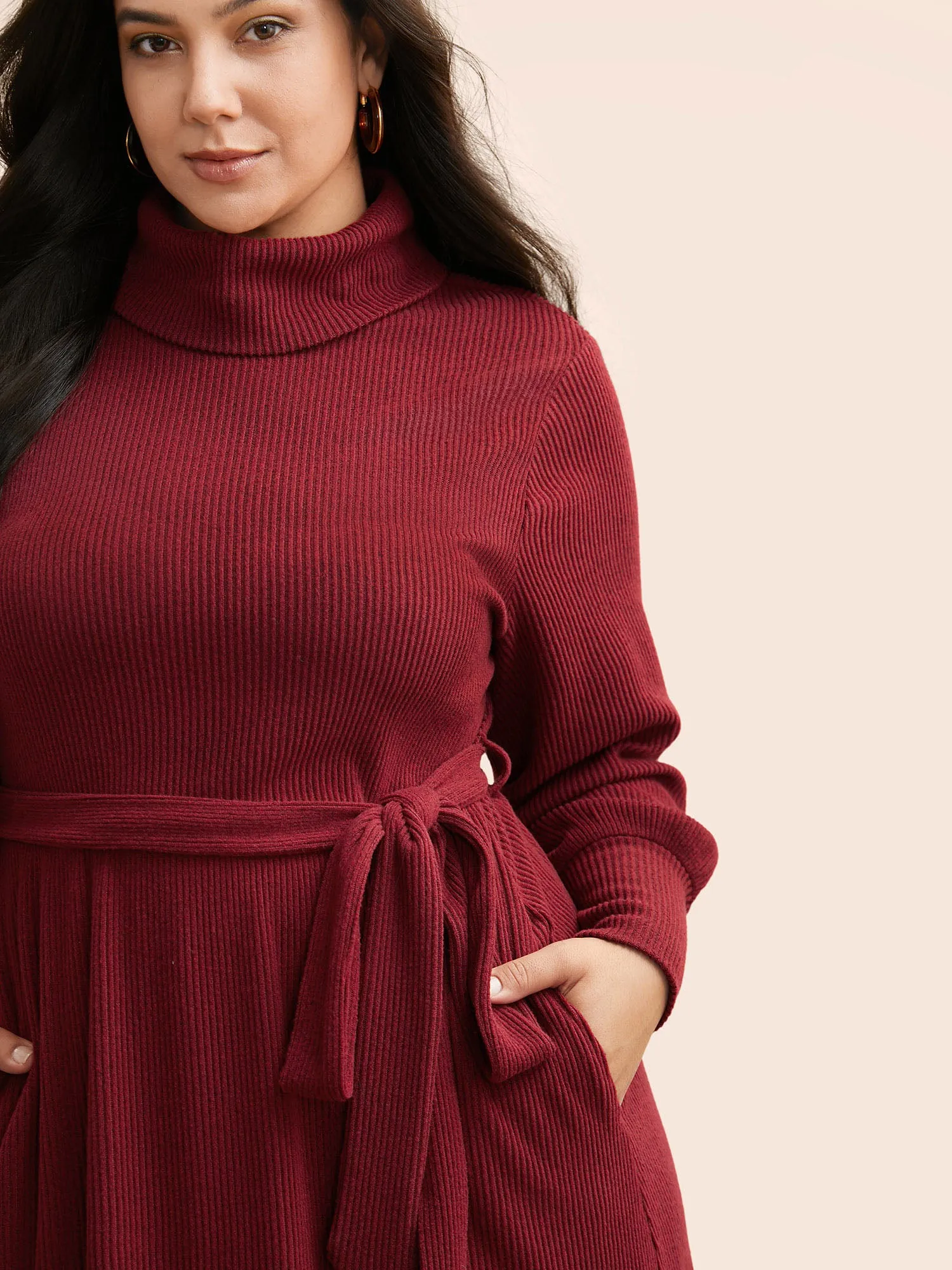 Turtleneck Belted High Stretch Knit Dress sold by Bloomchic product image thumbnail 2