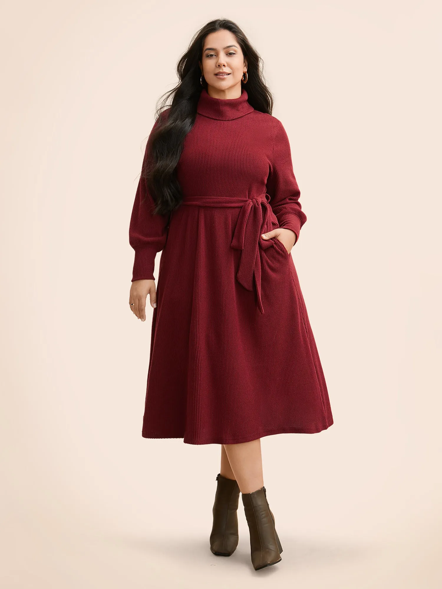 Turtleneck Belted High Stretch Knit Dress sold by Bloomchic product image thumbnail 3