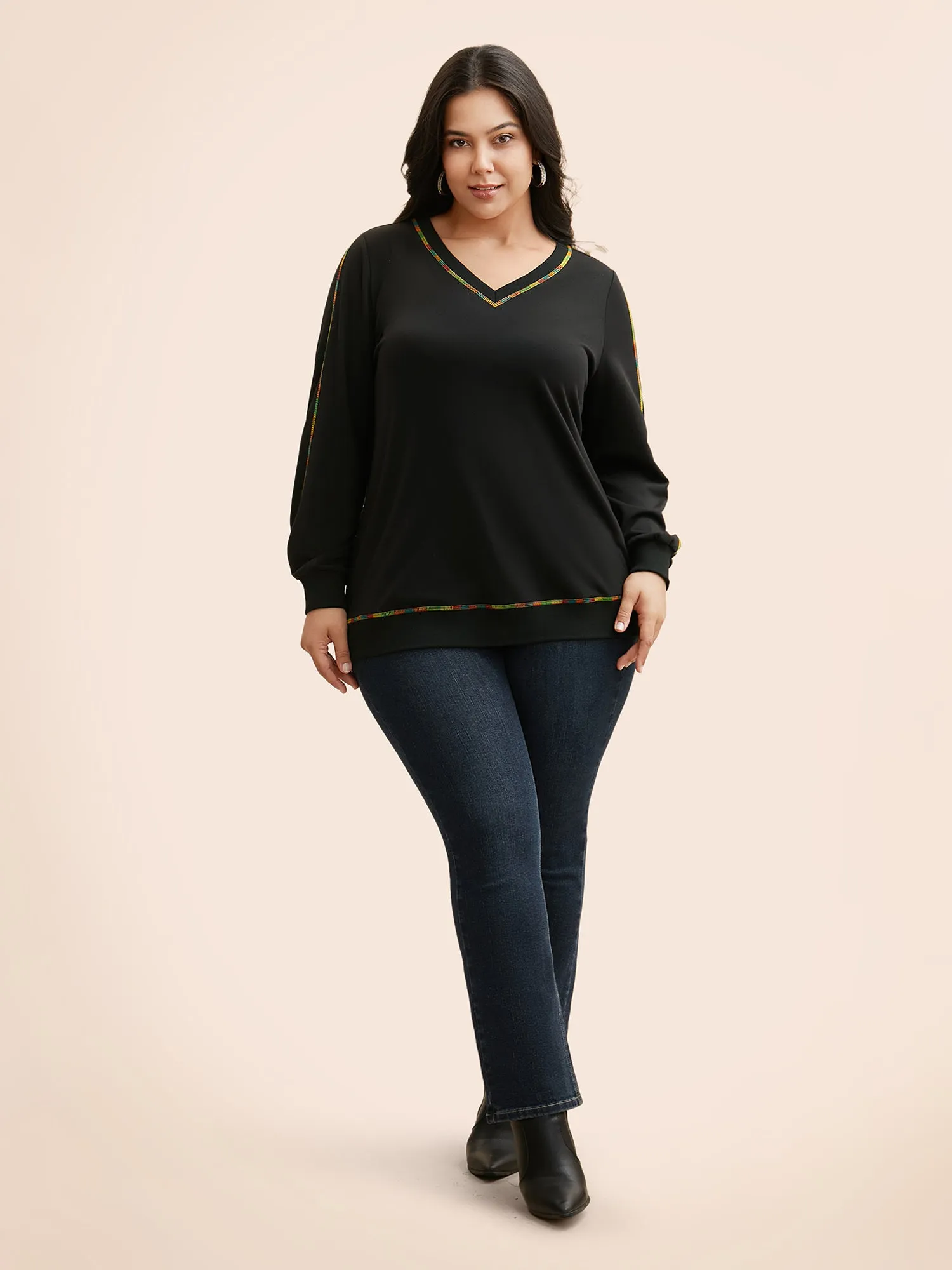 V Neck Contrast Rainbow Trim Sweatshirt sold by Bloomchic product image thumbnail 3