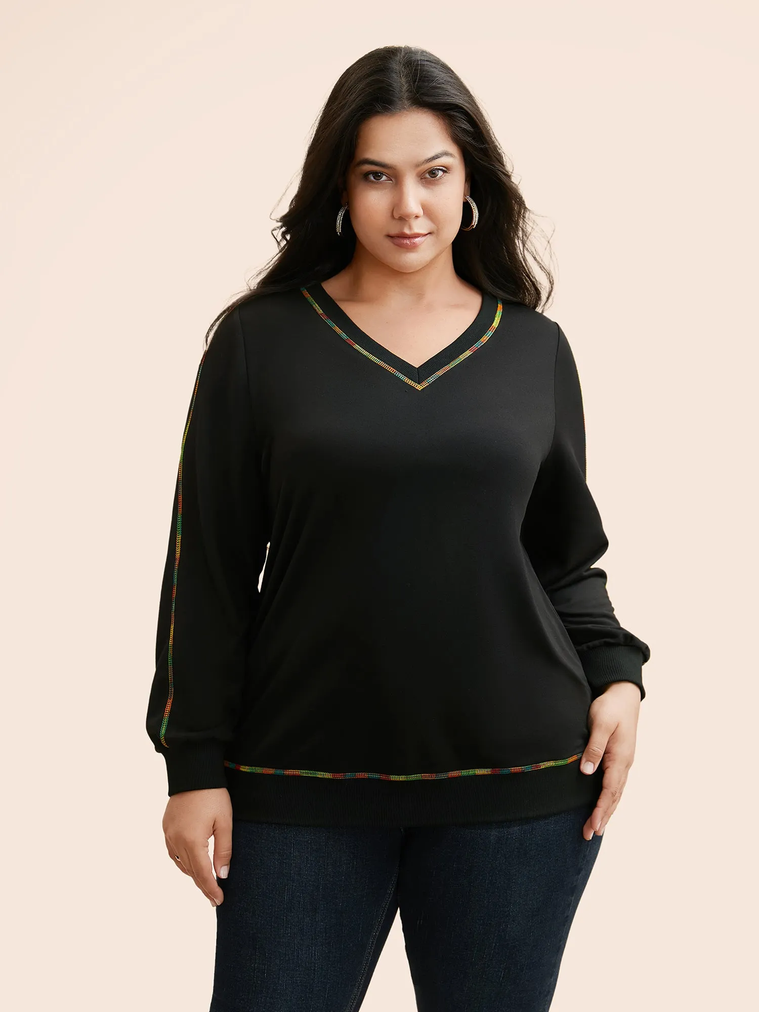 V Neck Contrast Rainbow Trim Sweatshirt sold by Bloomchic