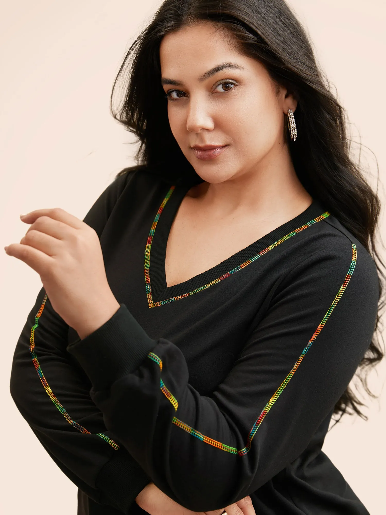 V Neck Contrast Rainbow Trim Sweatshirt sold by Bloomchic product image thumbnail 4