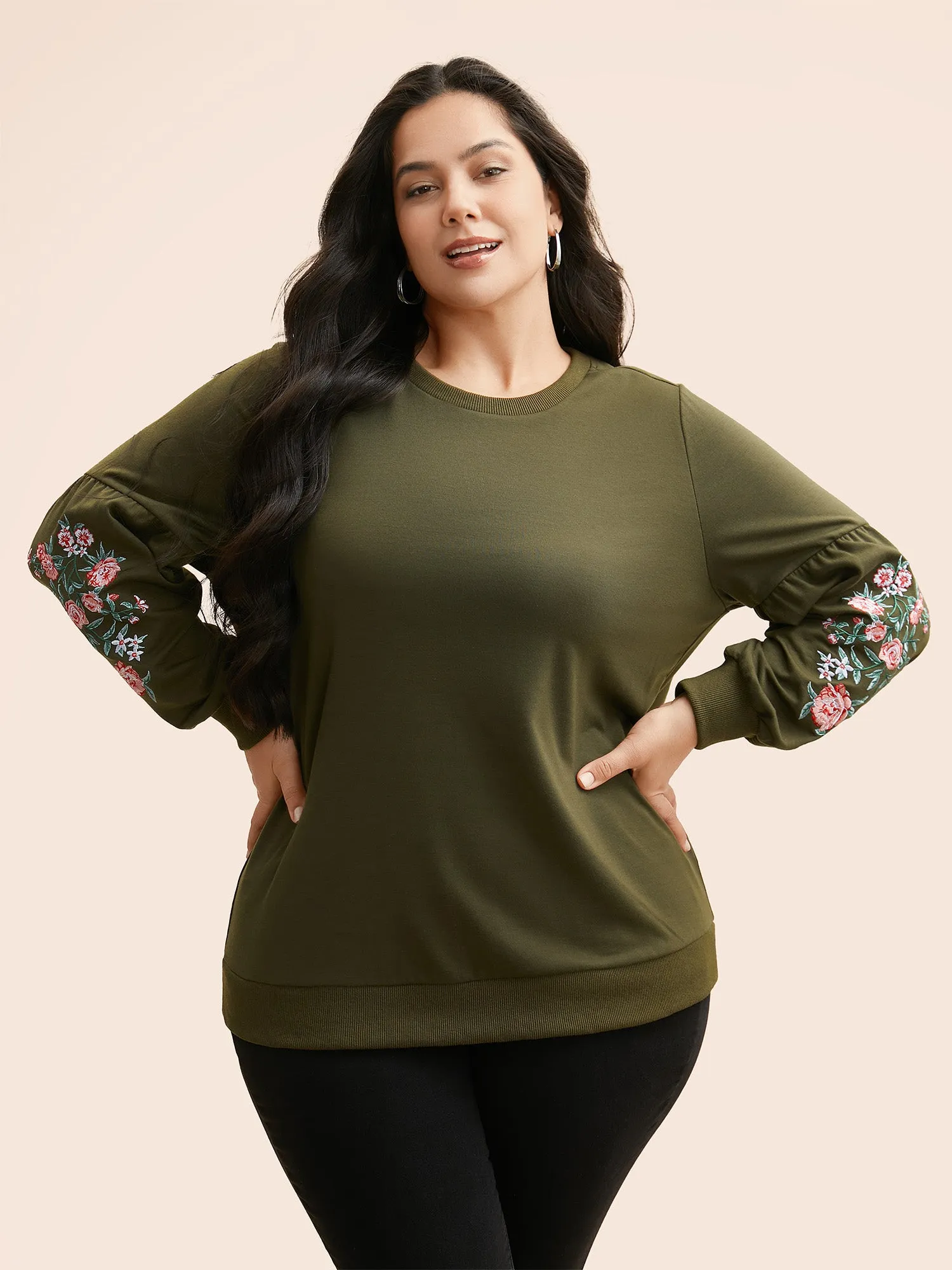 Floral Embroidered Crew Neck Gathered Sweatshirt sold by Bloomchic product image thumbnail 3