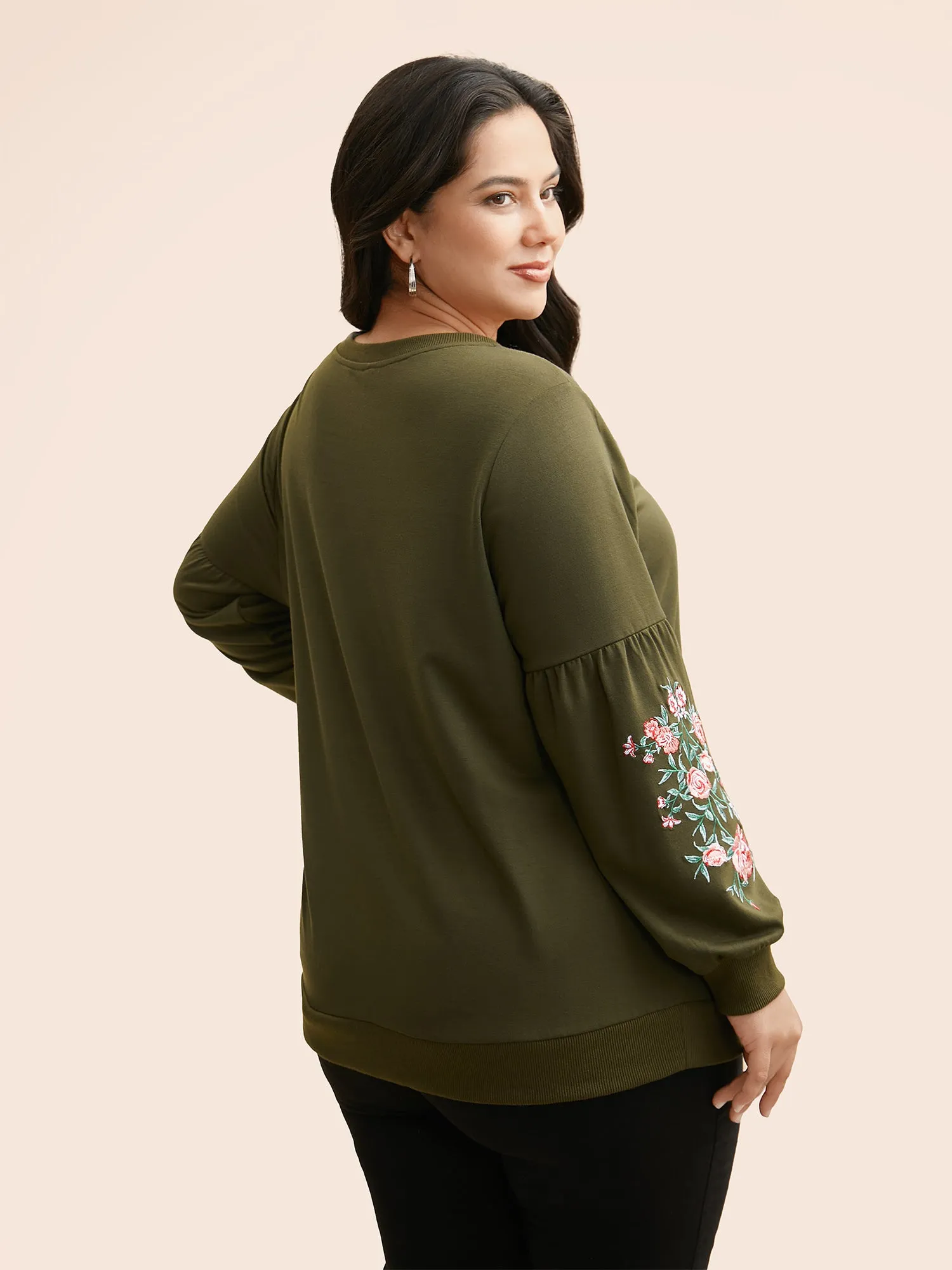 Floral Embroidered Crew Neck Gathered Sweatshirt sold by Bloomchic product image thumbnail 4