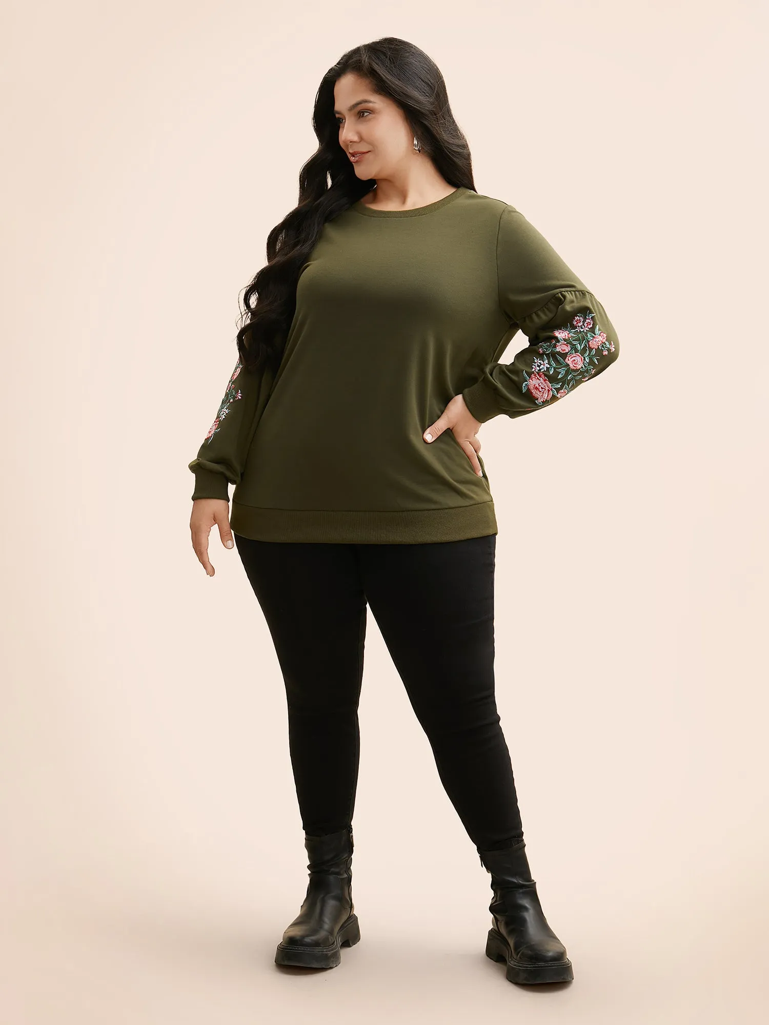 Floral Embroidered Crew Neck Gathered Sweatshirt sold by Bloomchic product image thumbnail 5