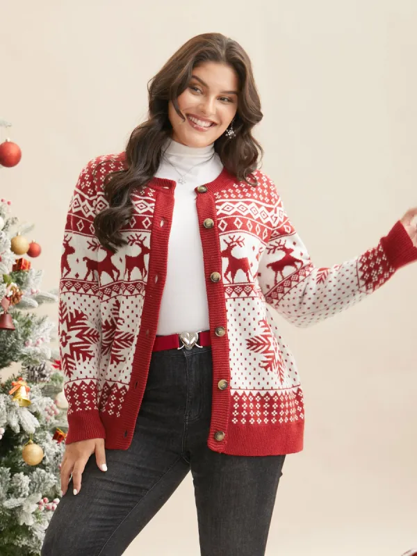 Reindeer And Snow Pattern Button-Front Cardigan sold by Bloomchic