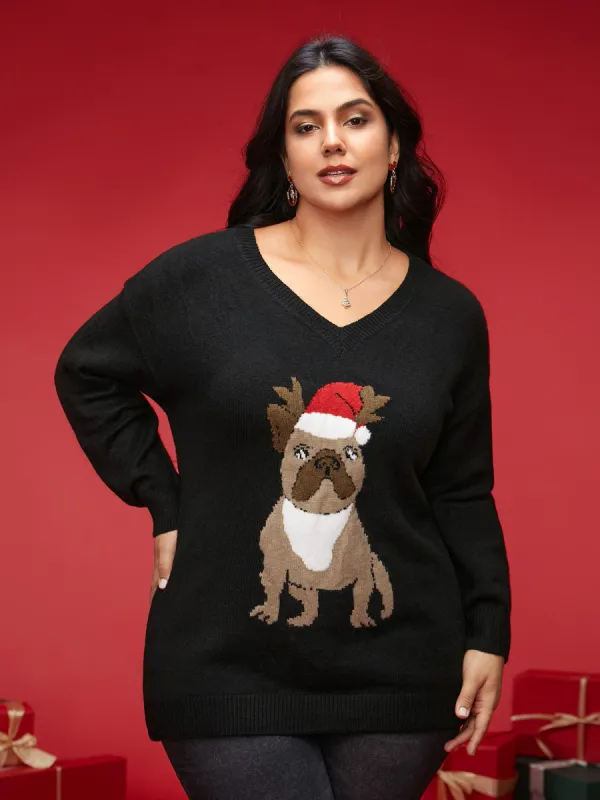 Holidazzled Dog Motif Furry V-neck Pullover sold by Bloomchic