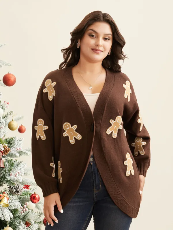 Gingerbread Motifs Arc Hem Button-Front Cardigan sold by Bloomchic