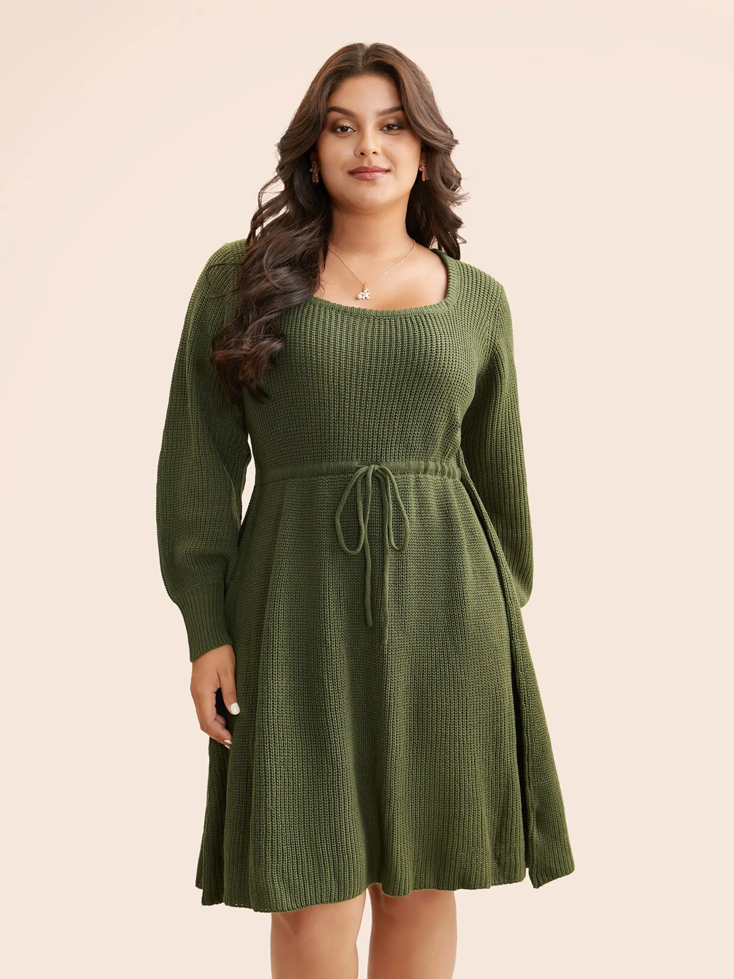 Square Neckline Waist-Tie Midi Sweater Dress sold by Bloomchic