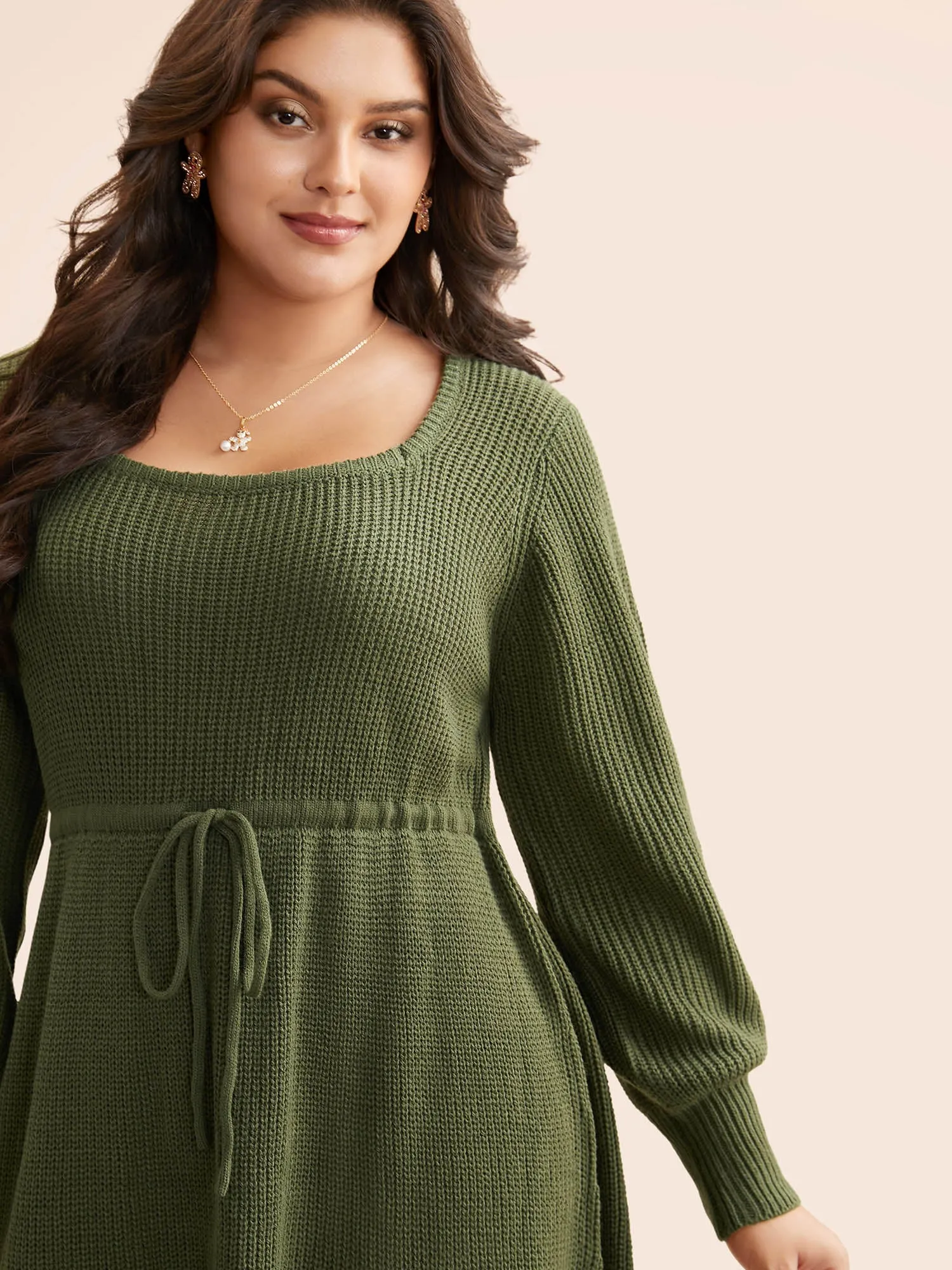 Square Neckline Waist-Tie Midi Sweater Dress sold by Bloomchic product image thumbnail 4