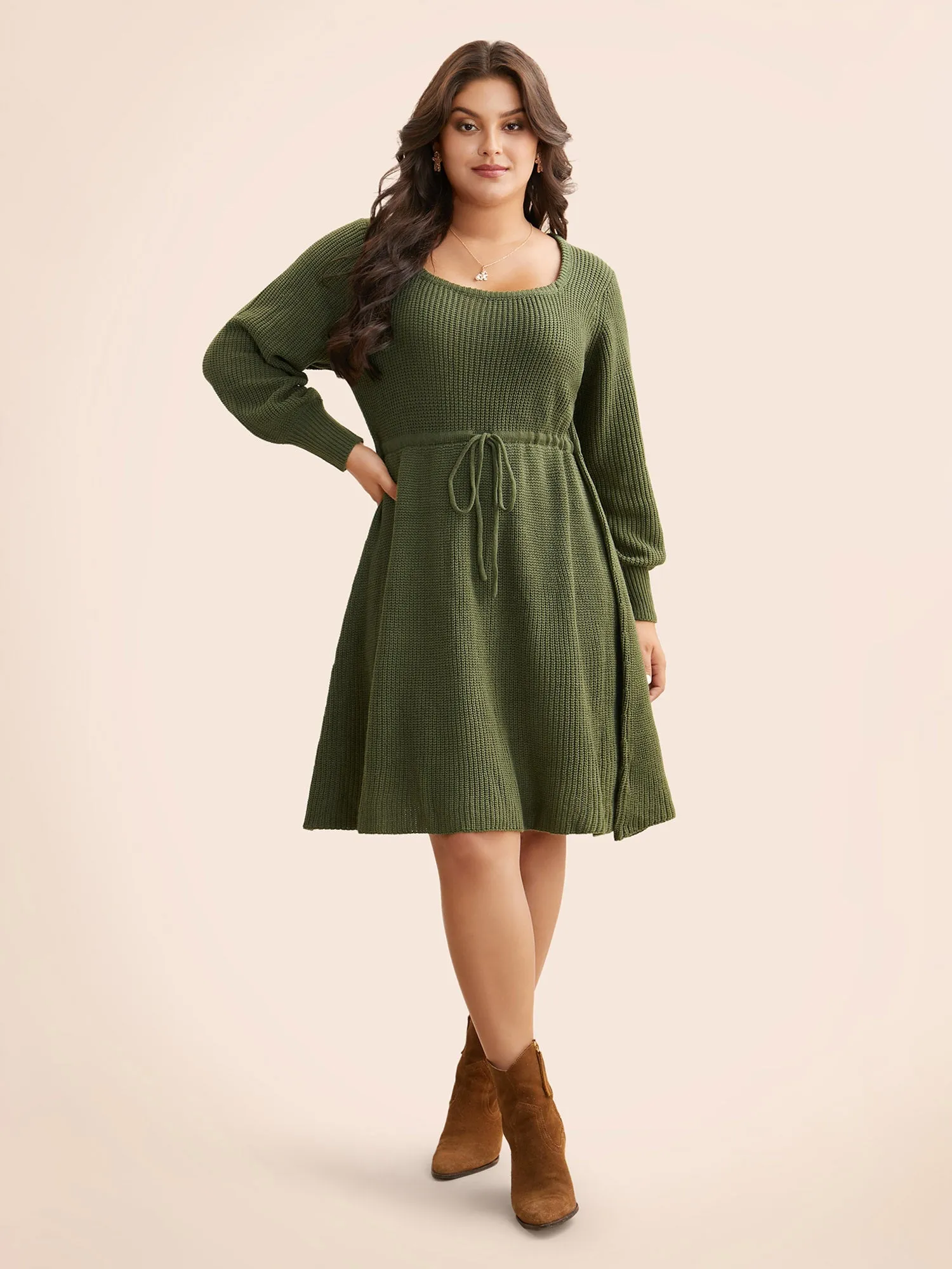 Square Neckline Waist-Tie Midi Sweater Dress sold by Bloomchic product image thumbnail 2
