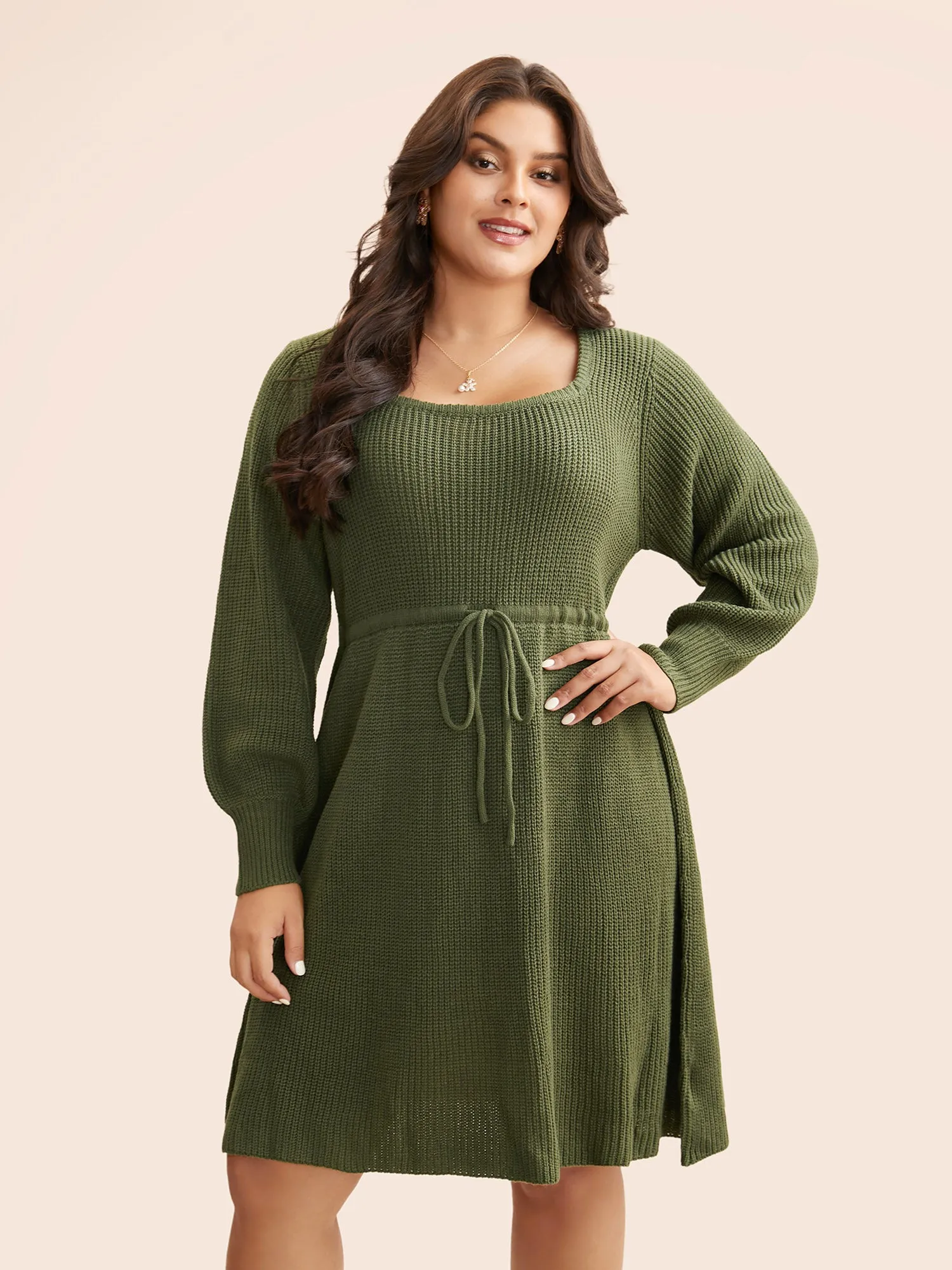 Square Neckline Waist-Tie Midi Sweater Dress sold by Bloomchic product image thumbnail 3