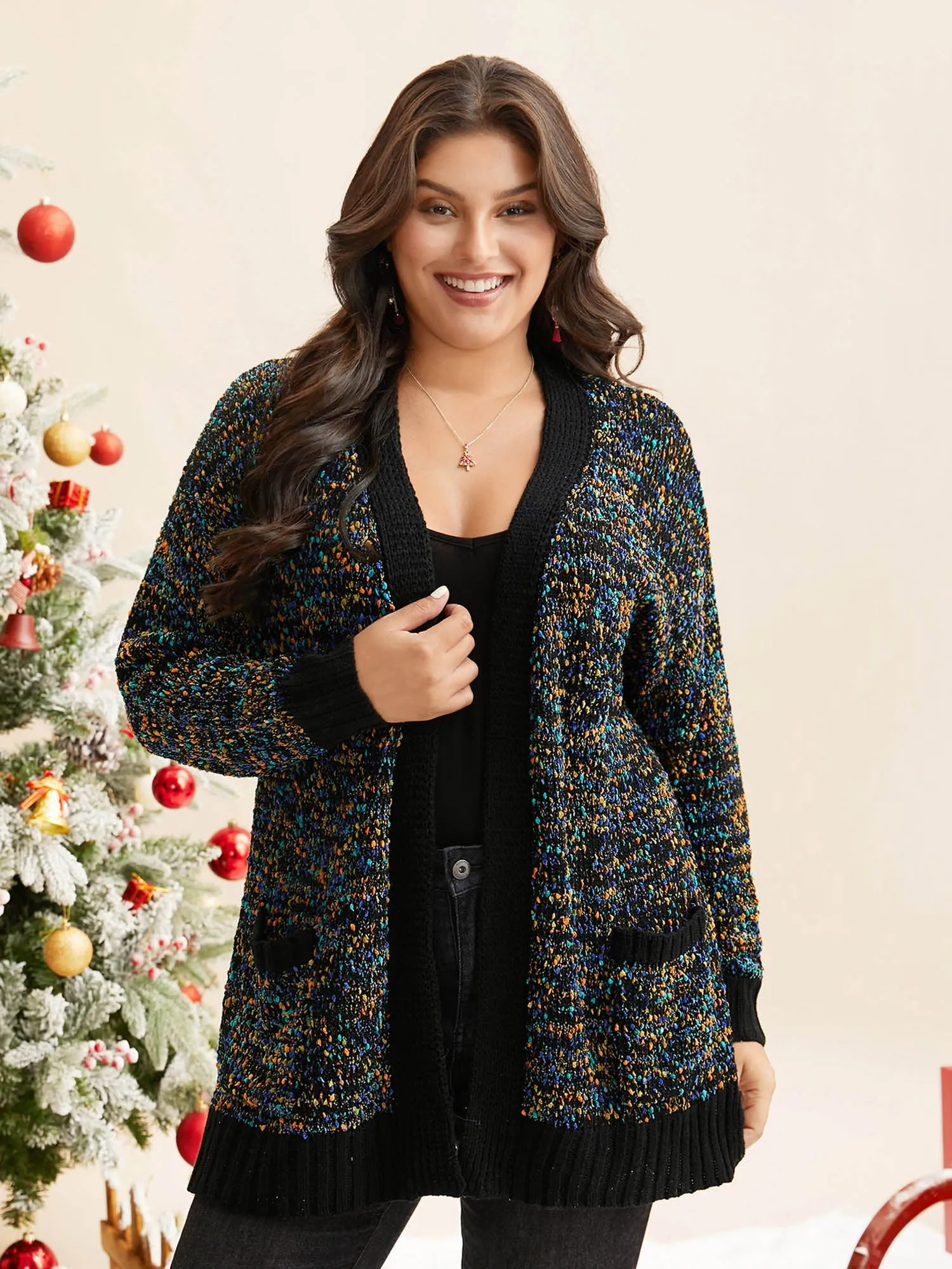 Twinkling Lights Contrast Hem Pockets Cardigan sold by Bloomchic