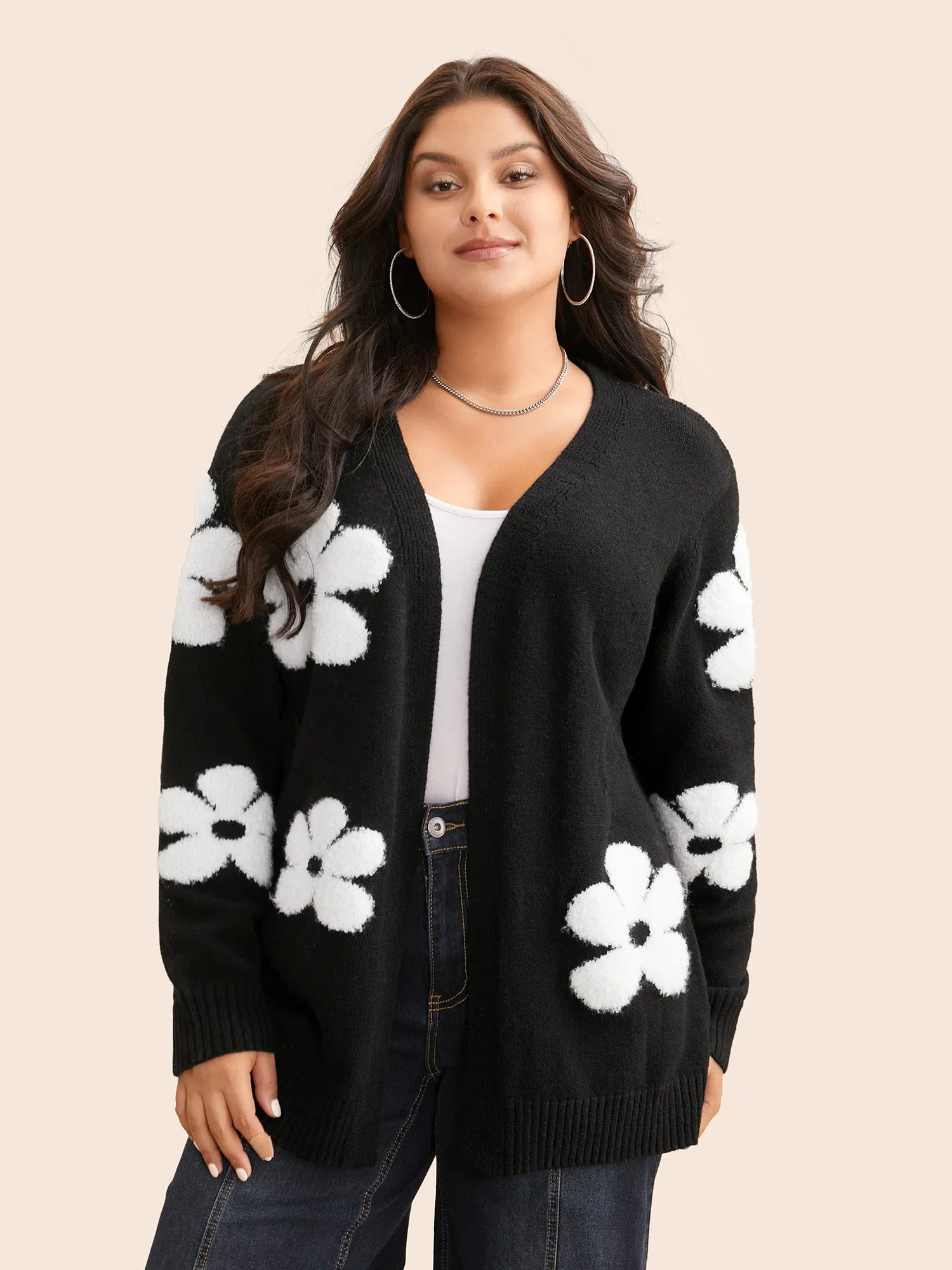 Floral Jacquard Drop Shoulder Sleeve Cardigan sold by Bloomchic