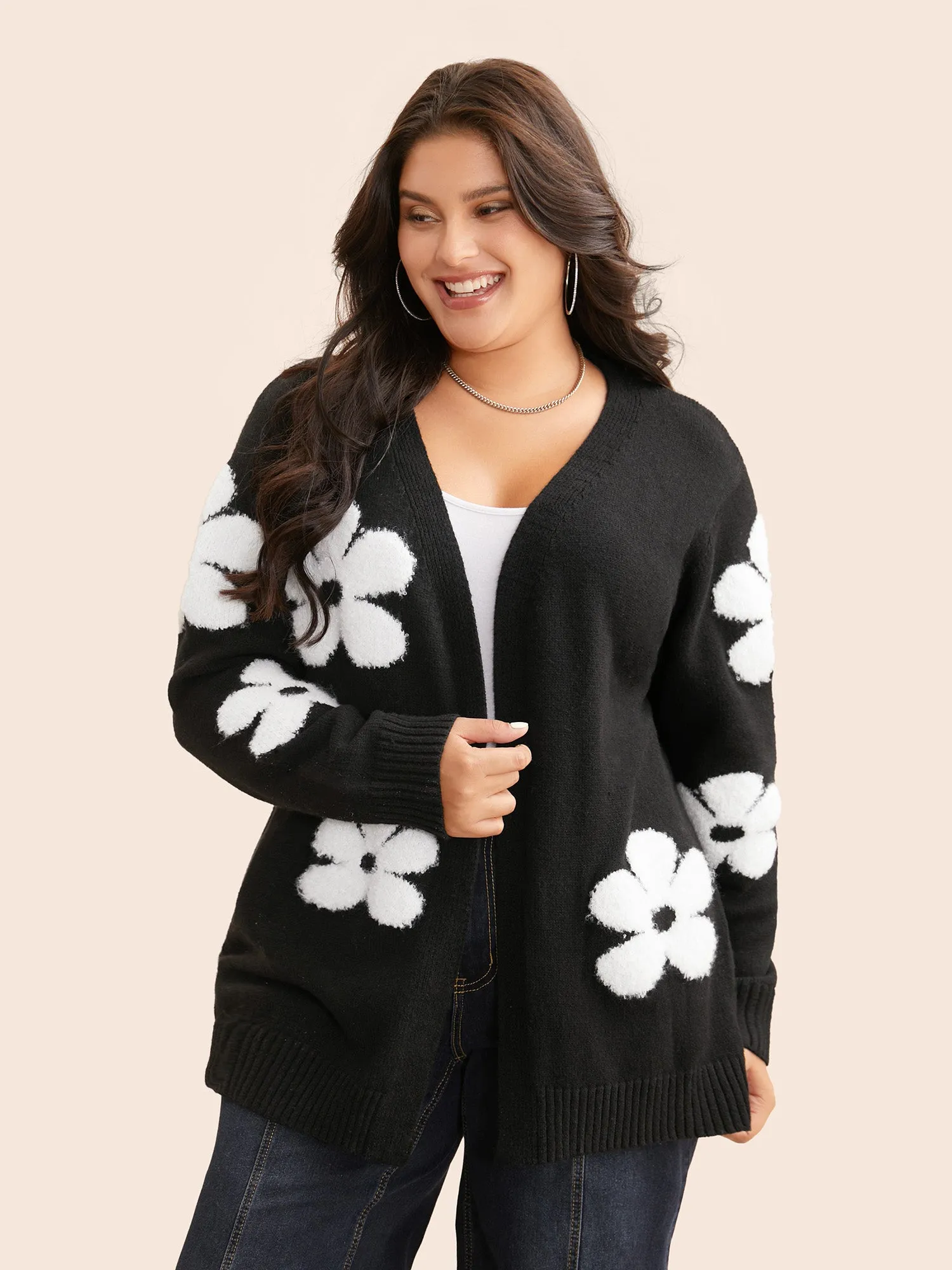 Floral Jacquard Drop Shoulder Sleeve Cardigan sold by Bloomchic product image thumbnail 3