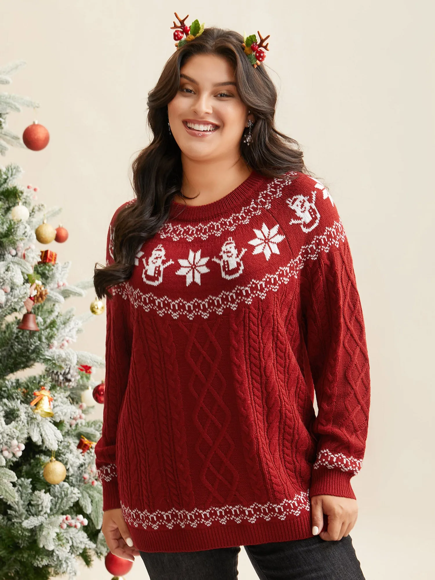 Snowman Printed Cable Knit Pullover sold by Bloomchic