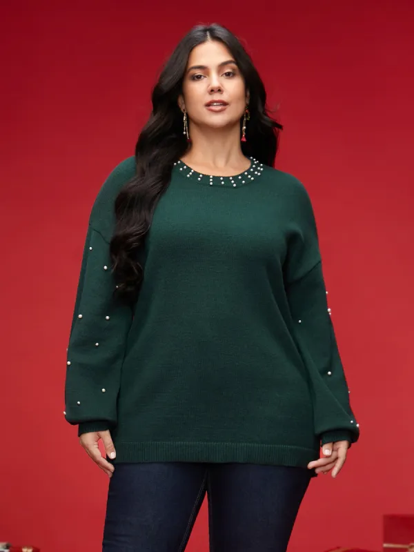 Supersoft Essentials Beaded Neckline Drop-Shoulder Pullover sold by Bloomchic