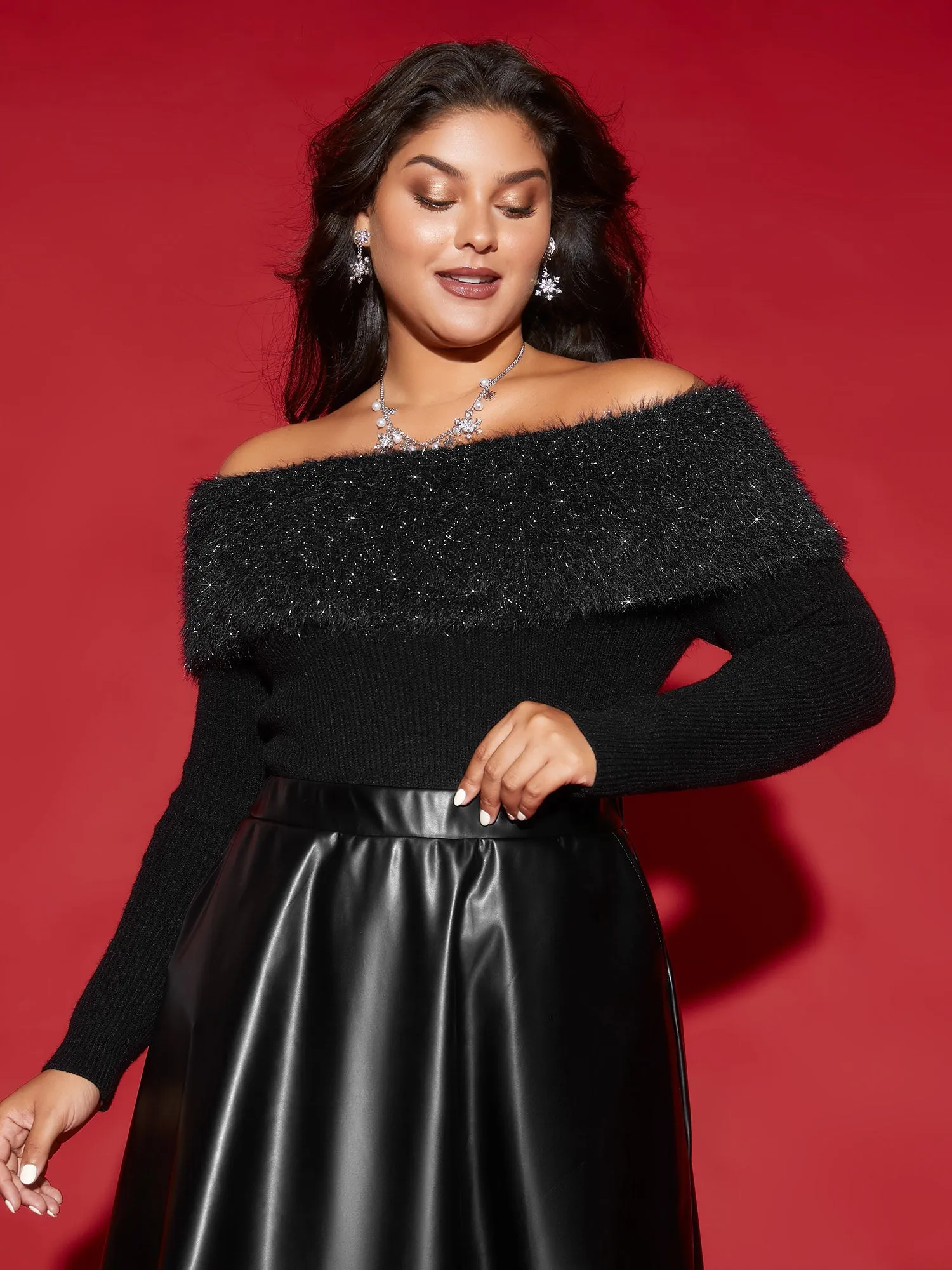 Off-Shoulder Silver Threads Detailing Pullover sold by Bloomchic