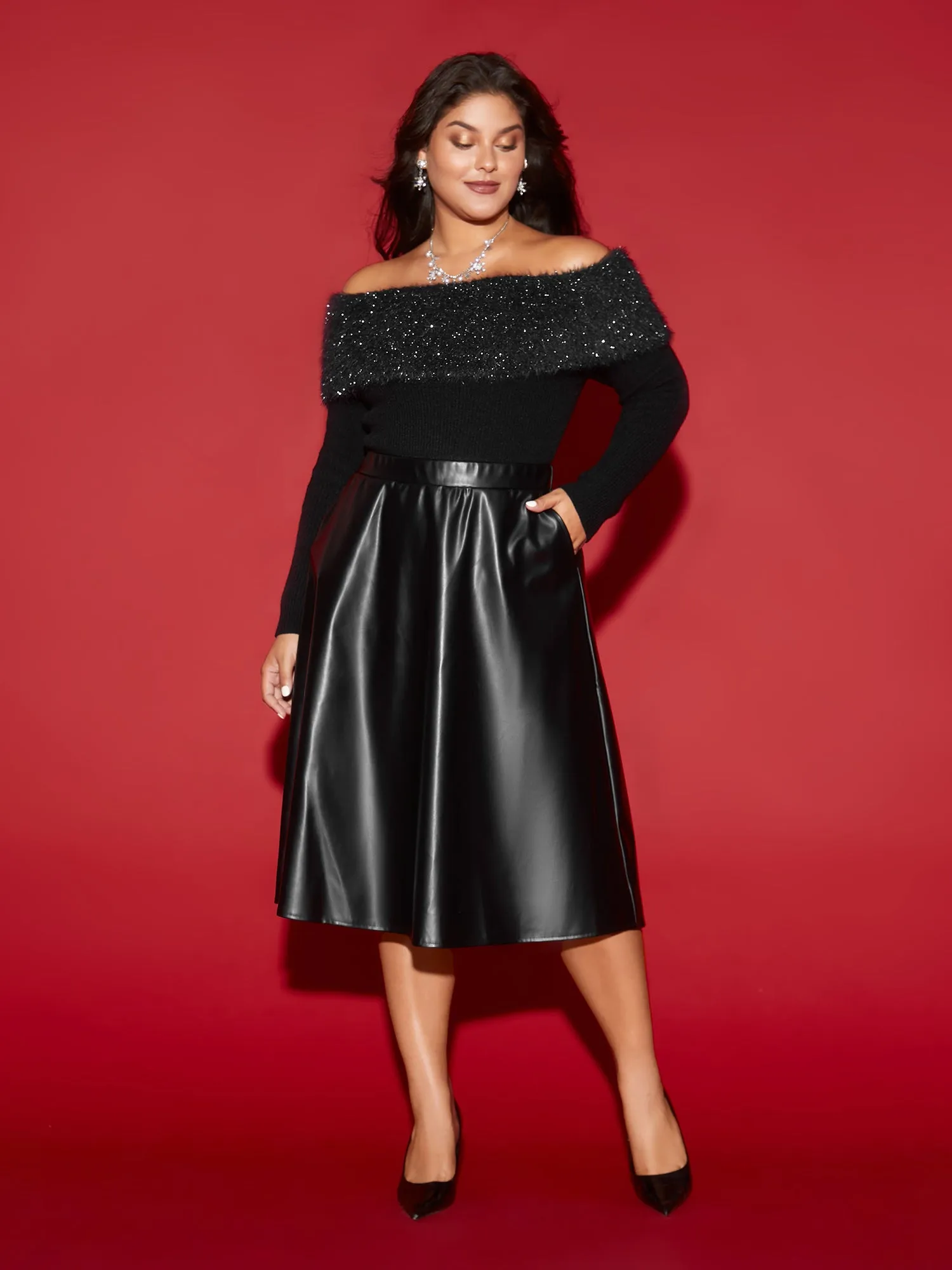 Off-Shoulder Silver Threads Detailing Pullover sold by Bloomchic product image thumbnail 4