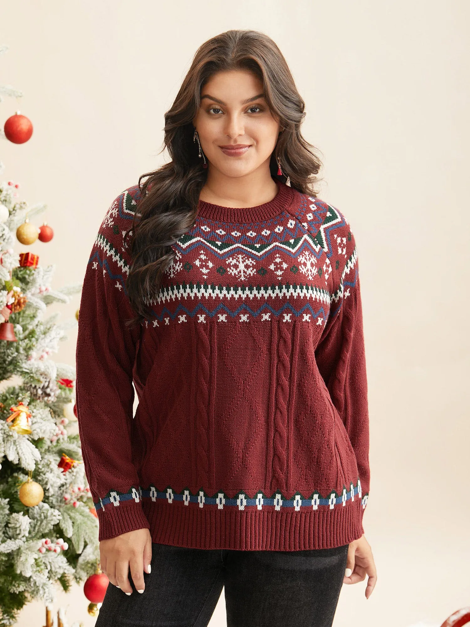 Festive Fair Isle Cable Knit Pullover sold by Bloomchic product image thumbnail 3
