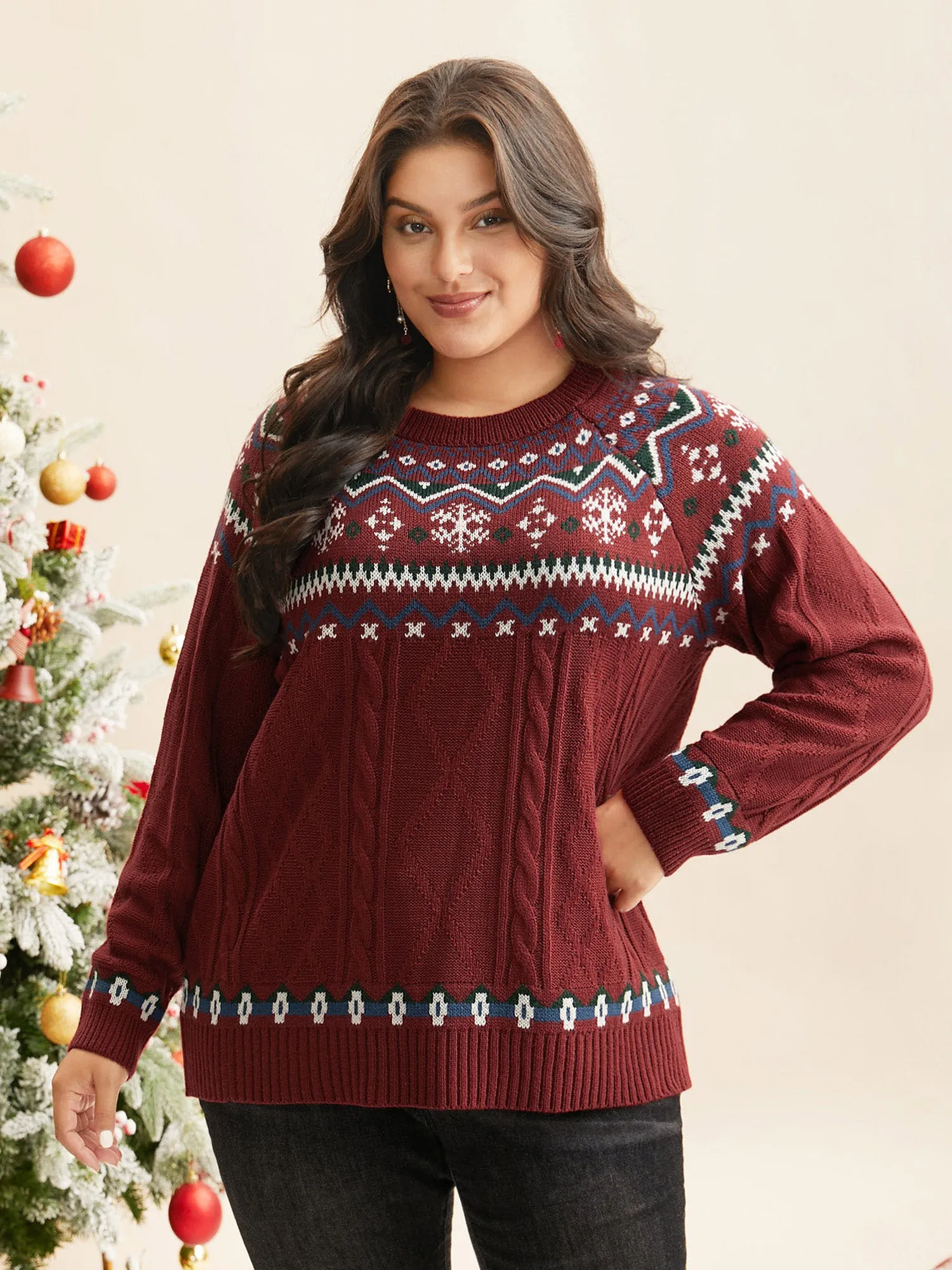 Festive Fair Isle Cable Knit Pullover sold by Bloomchic