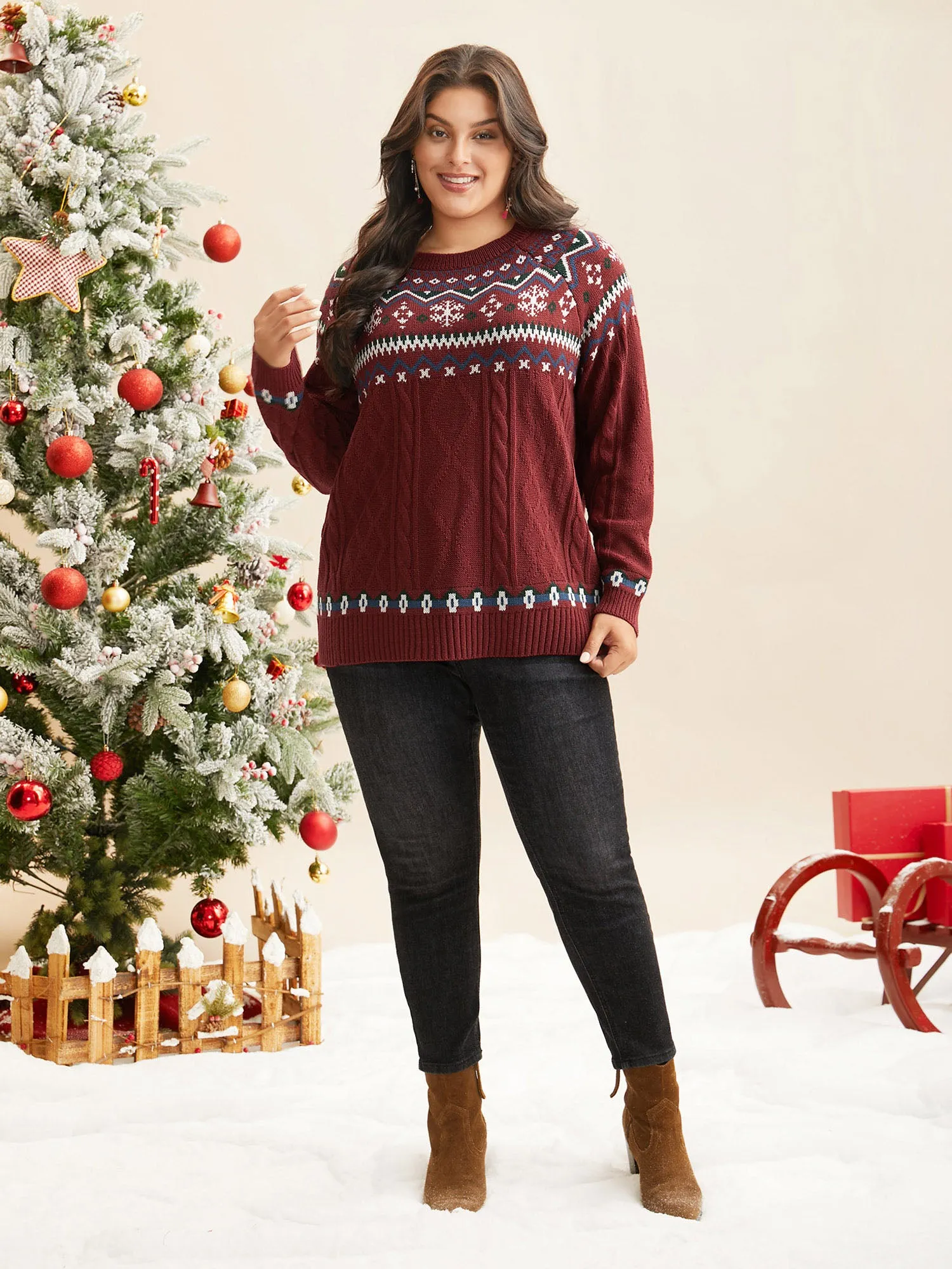 Festive Fair Isle Cable Knit Pullover sold by Bloomchic product image thumbnail 4