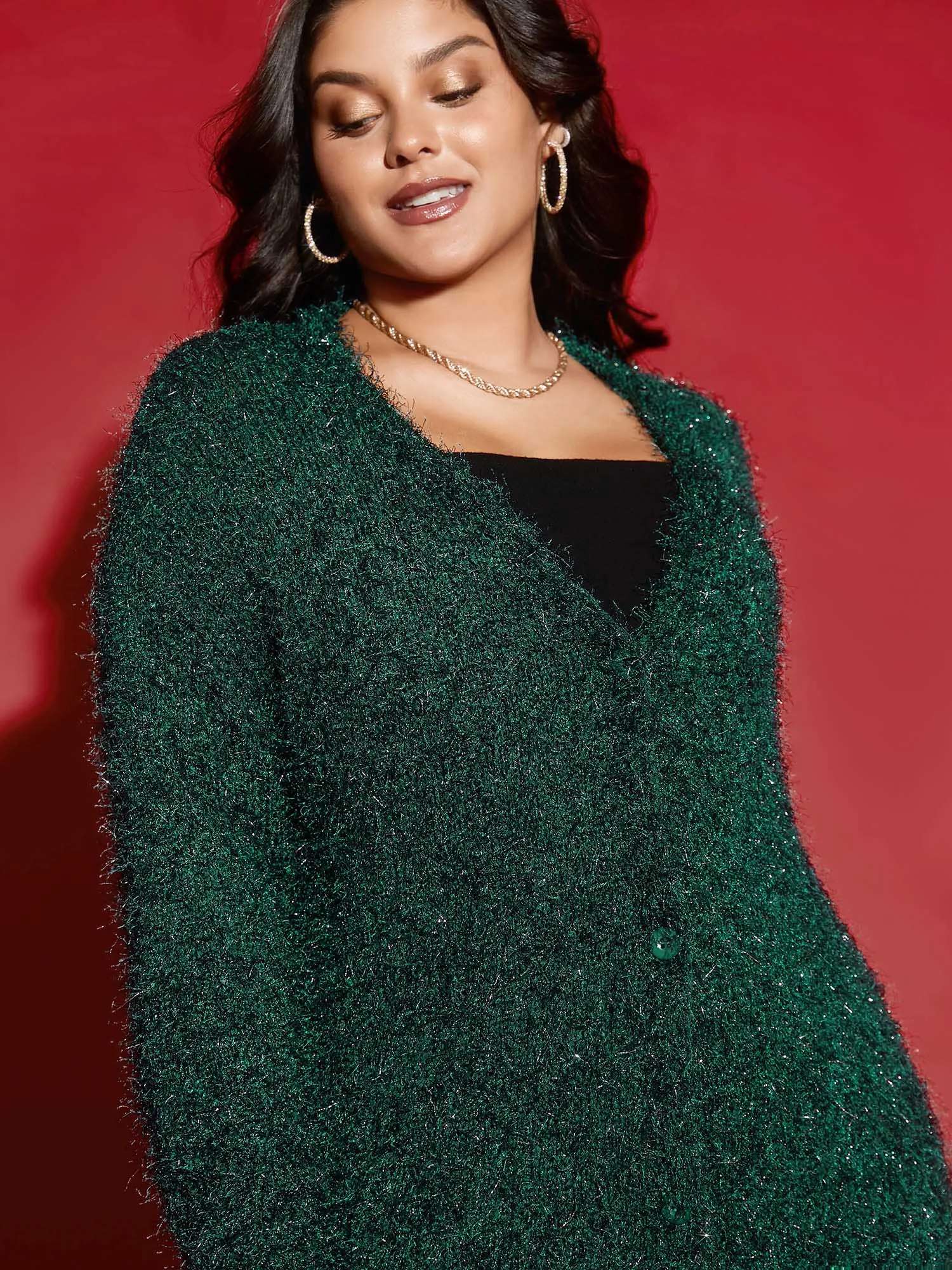 Shimmery V-neck Button-Front Cardigan sold by Bloomchic product image thumbnail 3