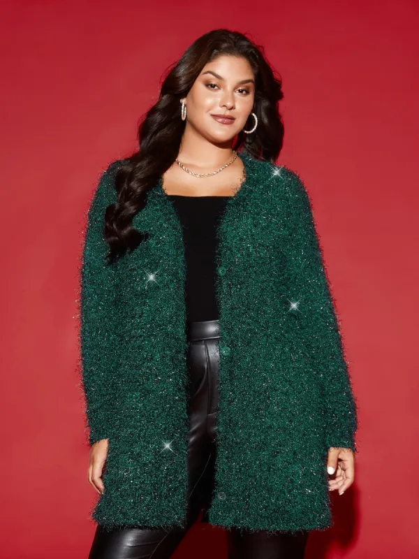 Shimmery V-neck Button-Front Cardigan sold by Bloomchic