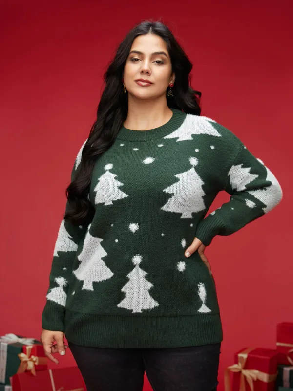 Festive Trees Ribbed Detailing Pullover sold by Bloomchic