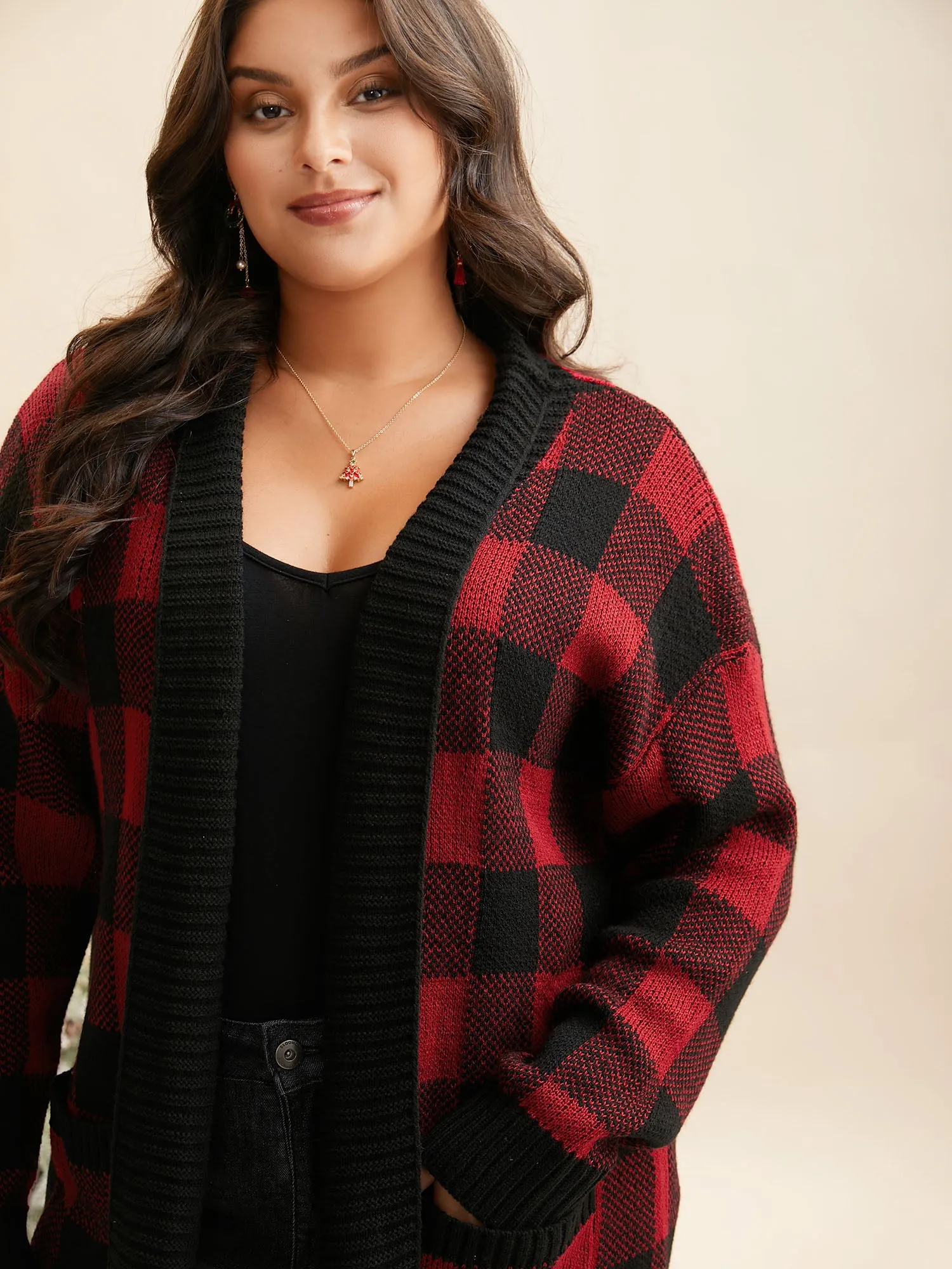 Plaid Pattern Ribbed Detailing Open Cardigan sold by Bloomchic product image thumbnail 2