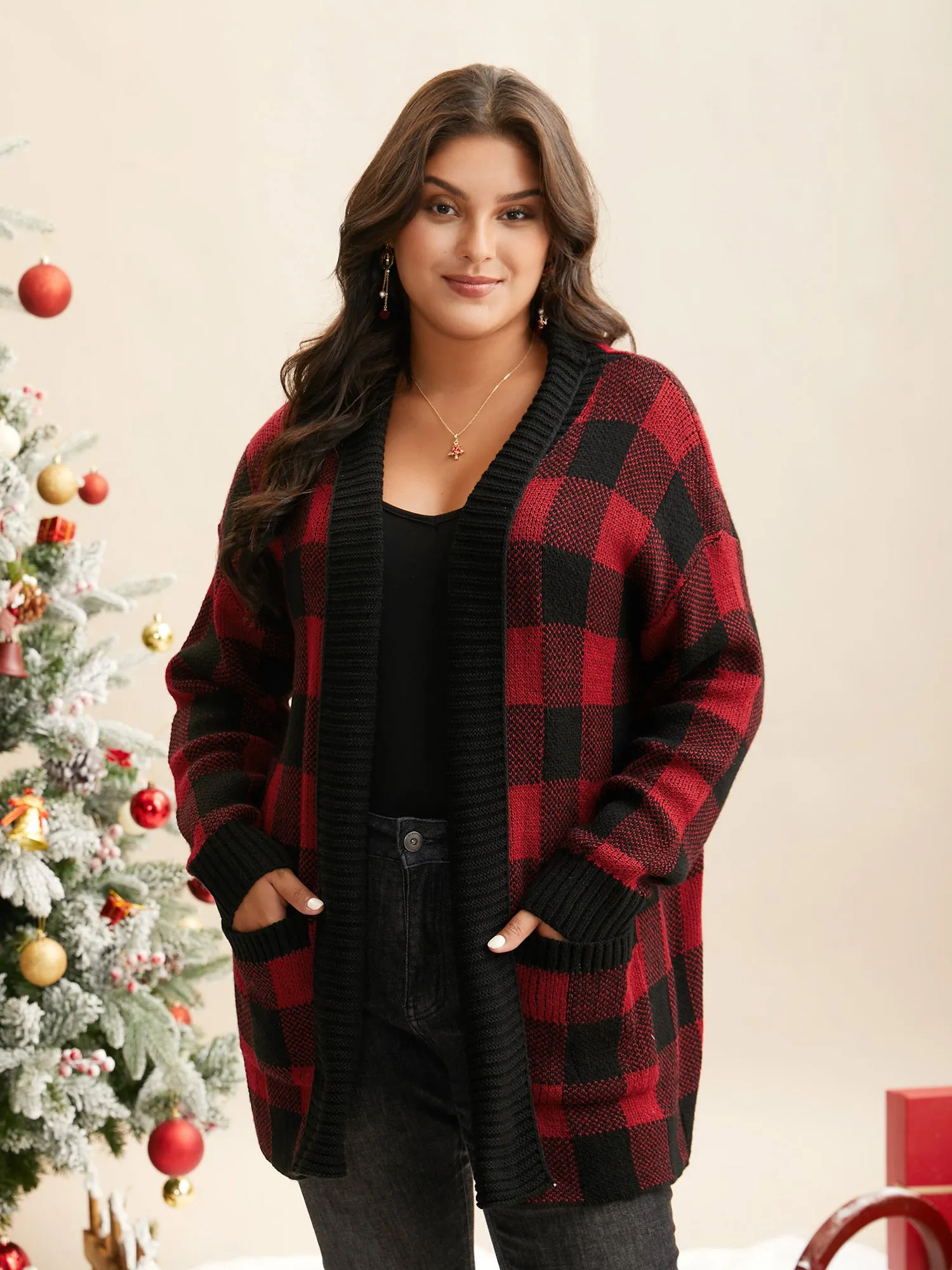 Plaid Pattern Ribbed Detailing Open Cardigan sold by Bloomchic product image thumbnail 3